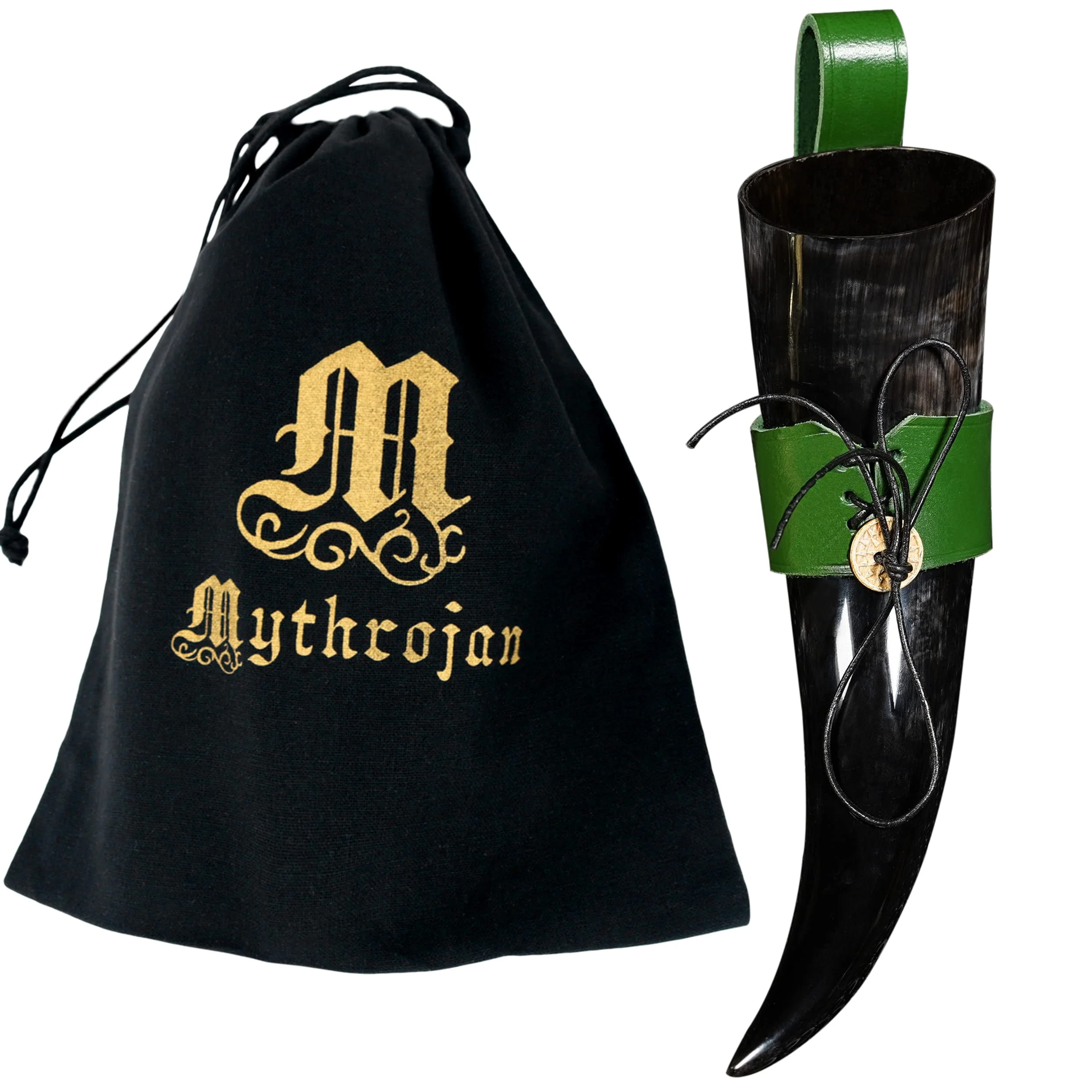 Mythrojan Small Drinking Horn with Green Leather Holder Authentic Medieval Inspired Viking Wine/Mead Mug 15ml