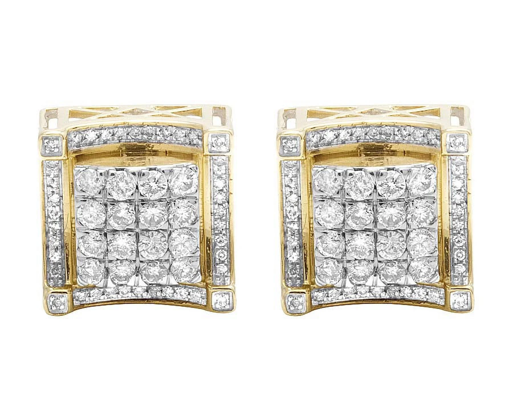 10K Yellow Gold Genuine Diamond Square 3D Stud Earrings 1.4Ct 12MM