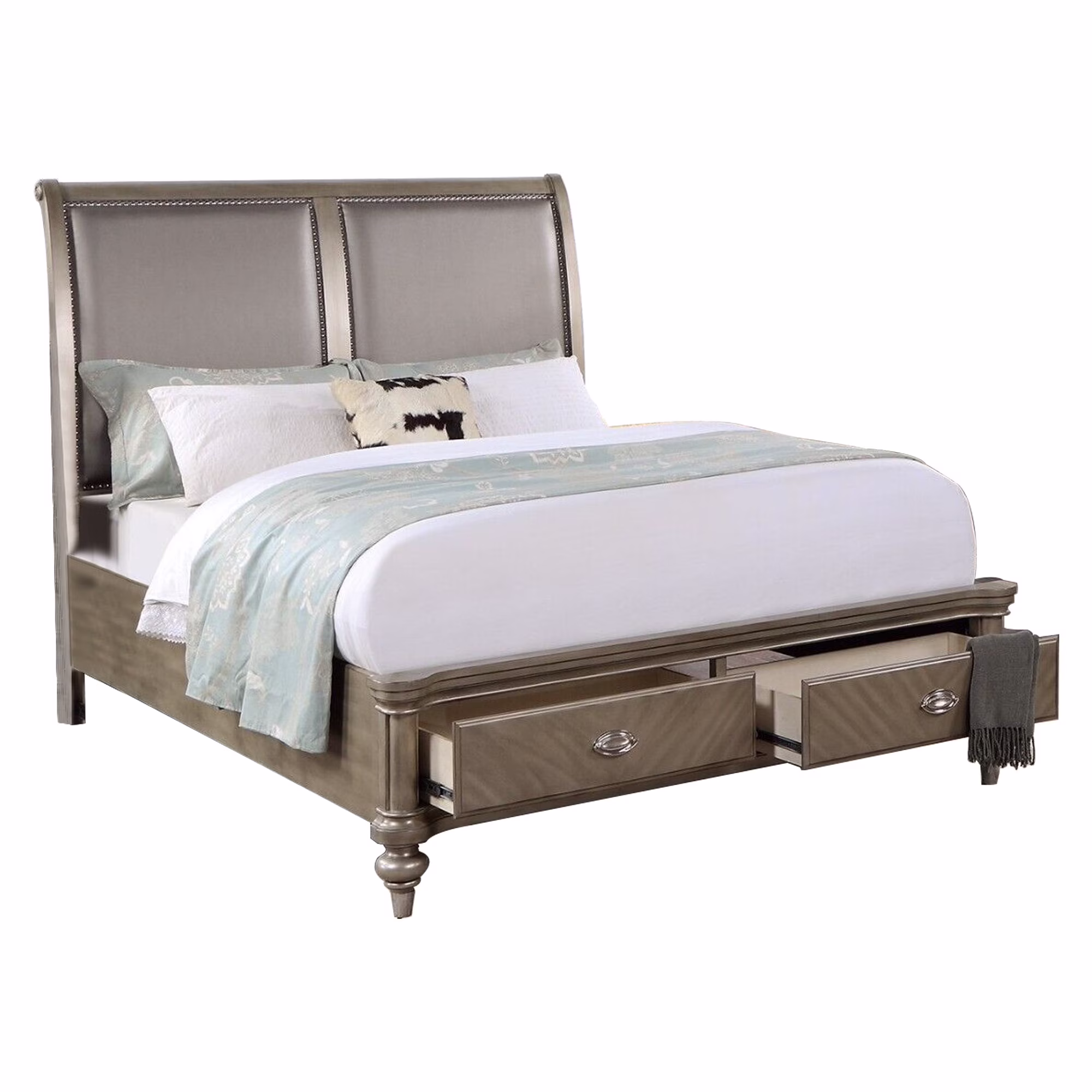 Benjara Ella Modern Queen Bed, Faux Leather Upholstery, 2 Storage Drawers, Gold