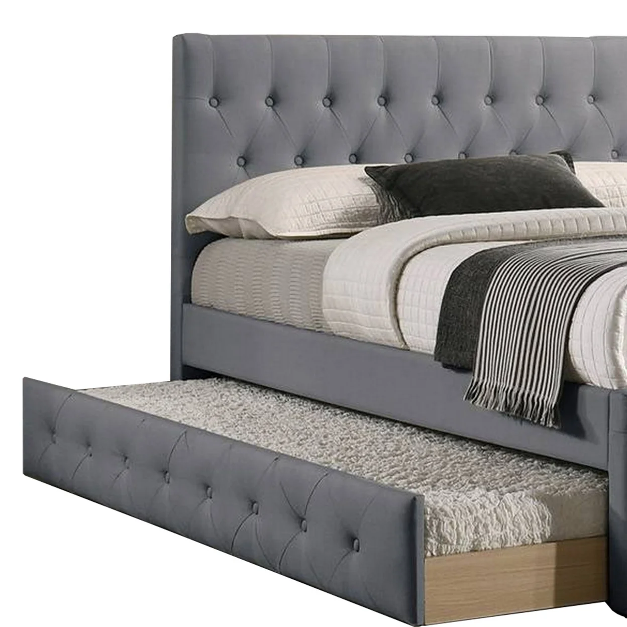 Nek Wood Twin Size Upholstered Bed with Trundle Tufted Gray Burlap- Saltoro Sherpi