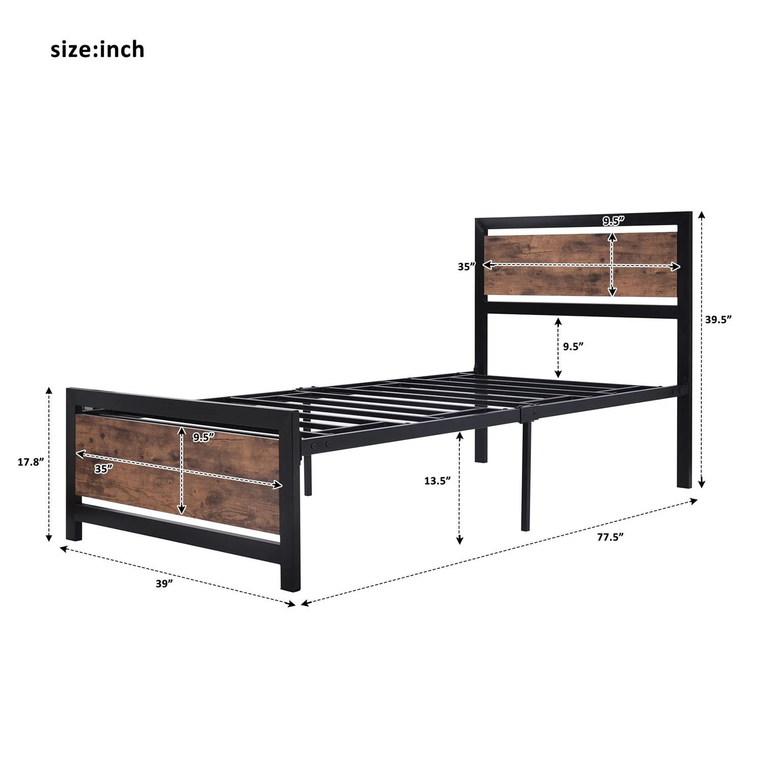 Twin Size Platform Bed Frame with Wood headboard and Metal slats Rustic Country Style Mattress Foundation Box Spring Strong Metal Slats Support Easy Assembly (Black)