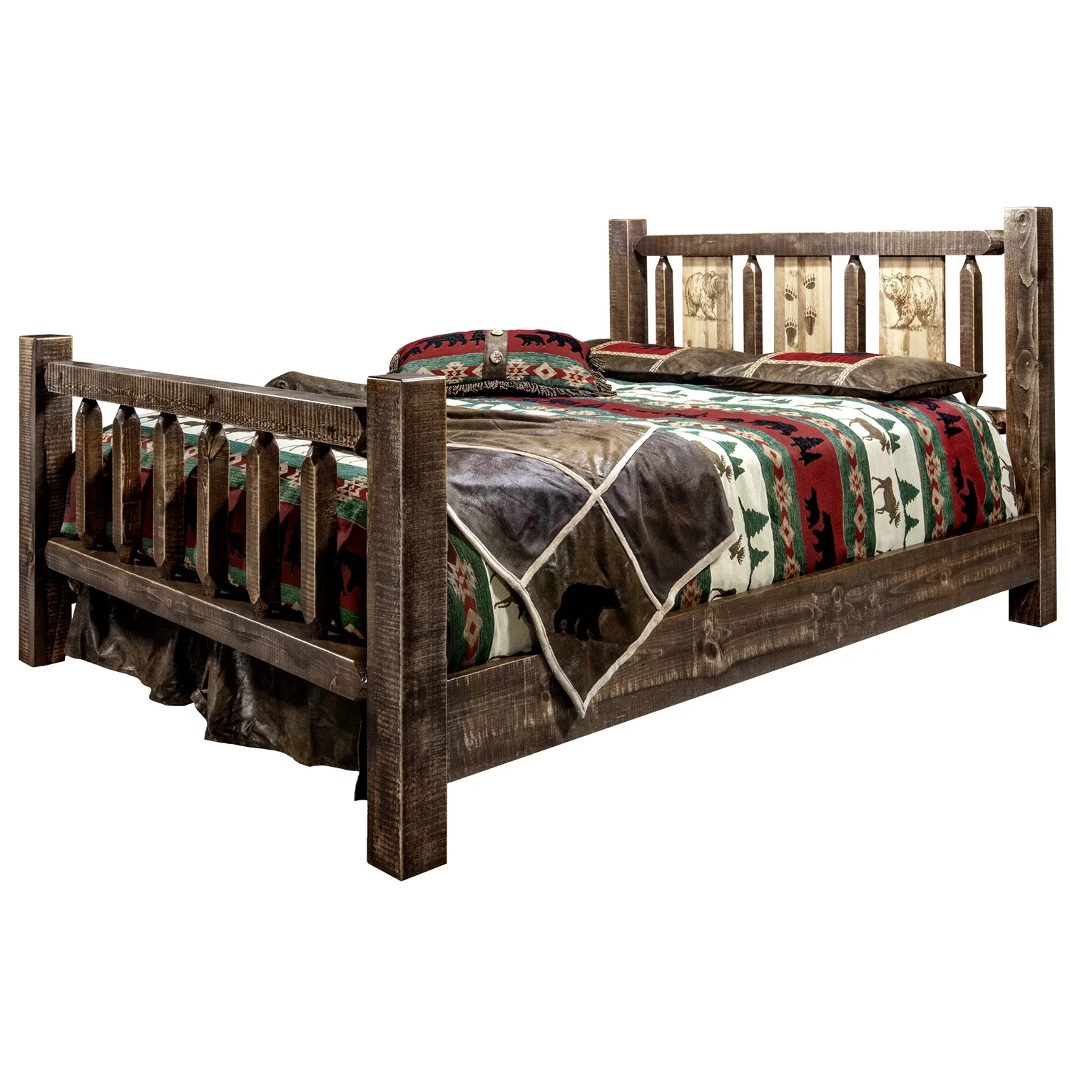 Homestead Collection Full Bed w/ Laser Engraved Bear Design, Stain & Clear Lacquer Finish