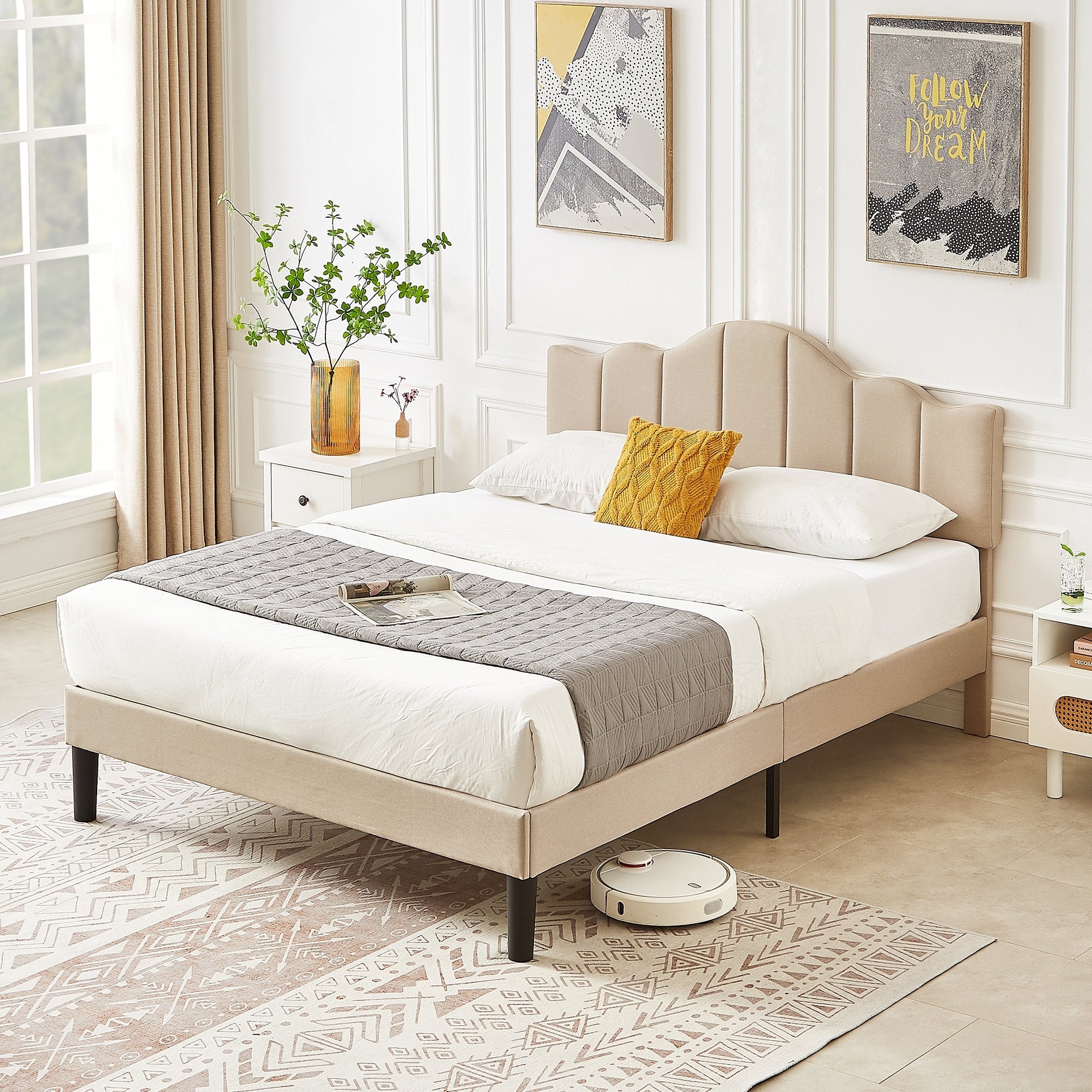 Modern Upholstered Bed Frame with Height Adjustable Headboard(Dark Grey,Blue,Beige ) Beige Full