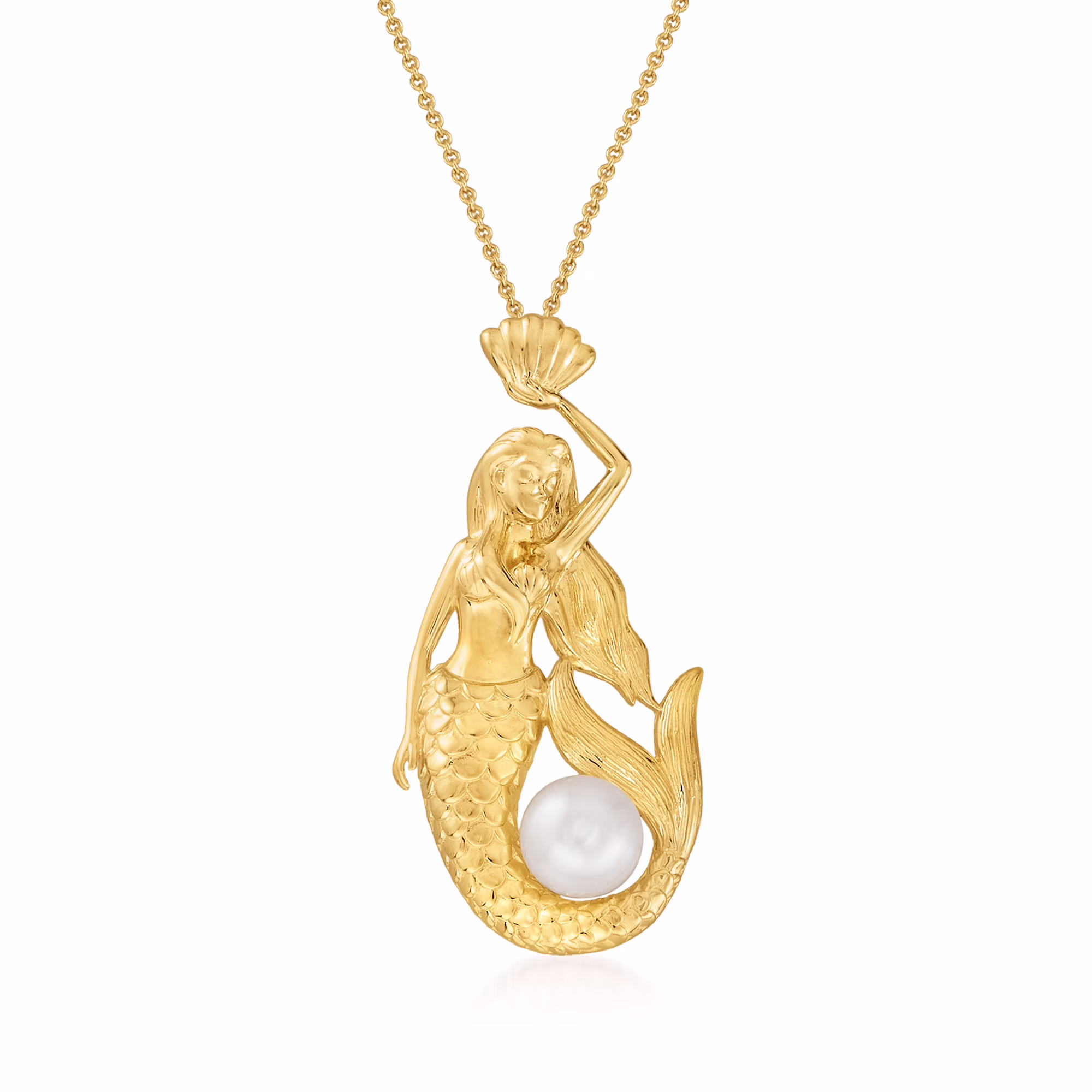 Ross-Simons 8.5-9mm Cultured Pearl Mermaid Pendant Necklace in 18kt Gold Over Sterling, Women's, Adult