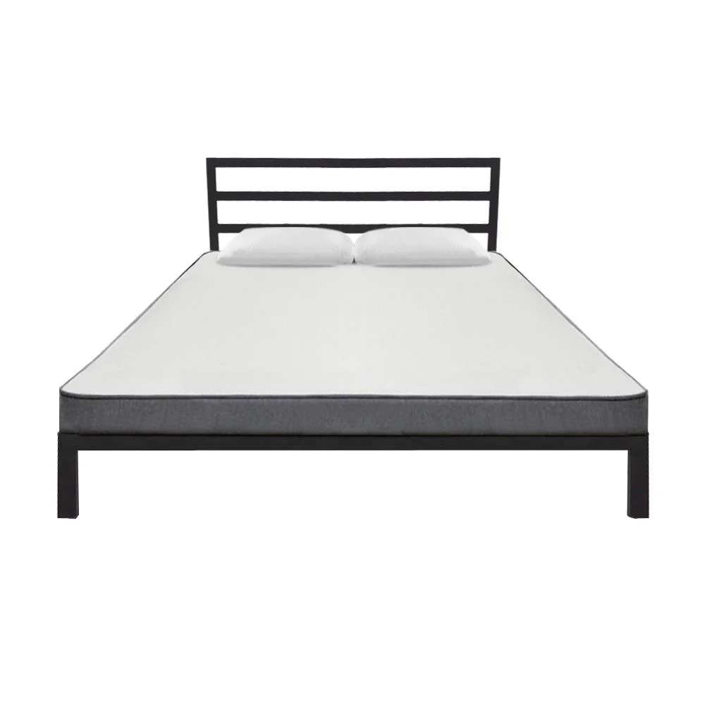 SalonMore Queen Size Square Horizontal Bar Head of Bed Iron Bed,with Headboard and Wooden Slat Support Black
