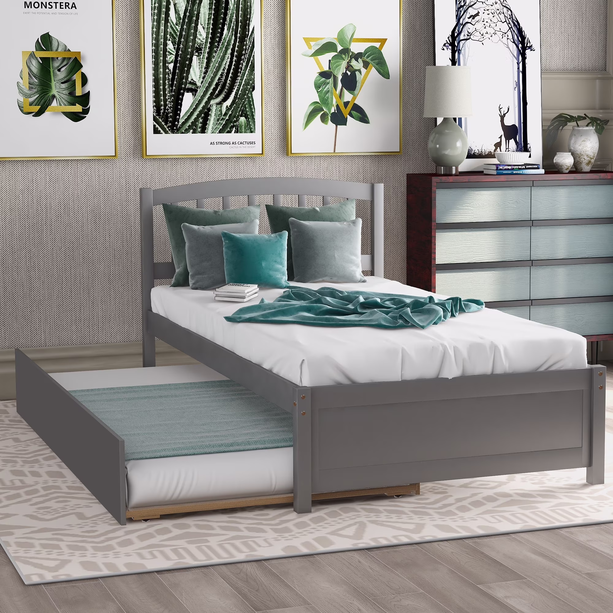 Gray Elegant Design Twin Size Platform Bed Wood Bed Frame with Trundle Maximize Space Savings, No Box Spring Required