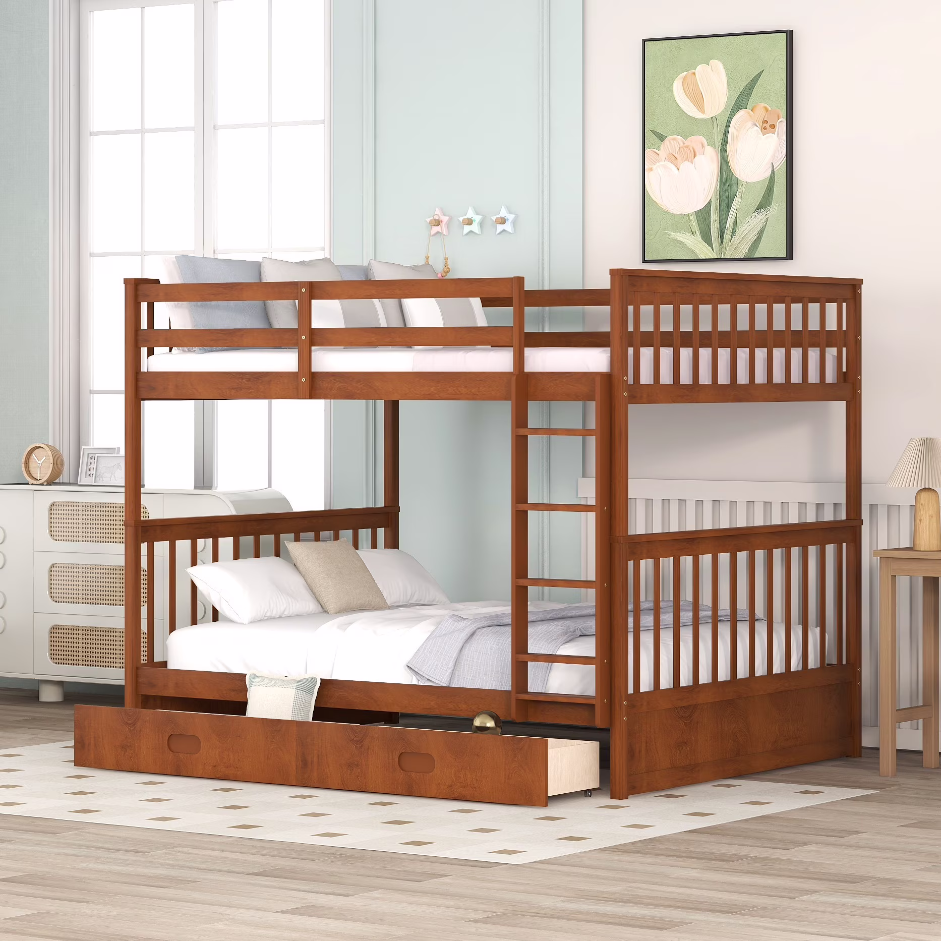 Bellemave Bunk Beds with Storage Drawers, Solid Wood Full Over Full Bunk Beds Frame with Ladders for Kids Teens Adults (Walnut)