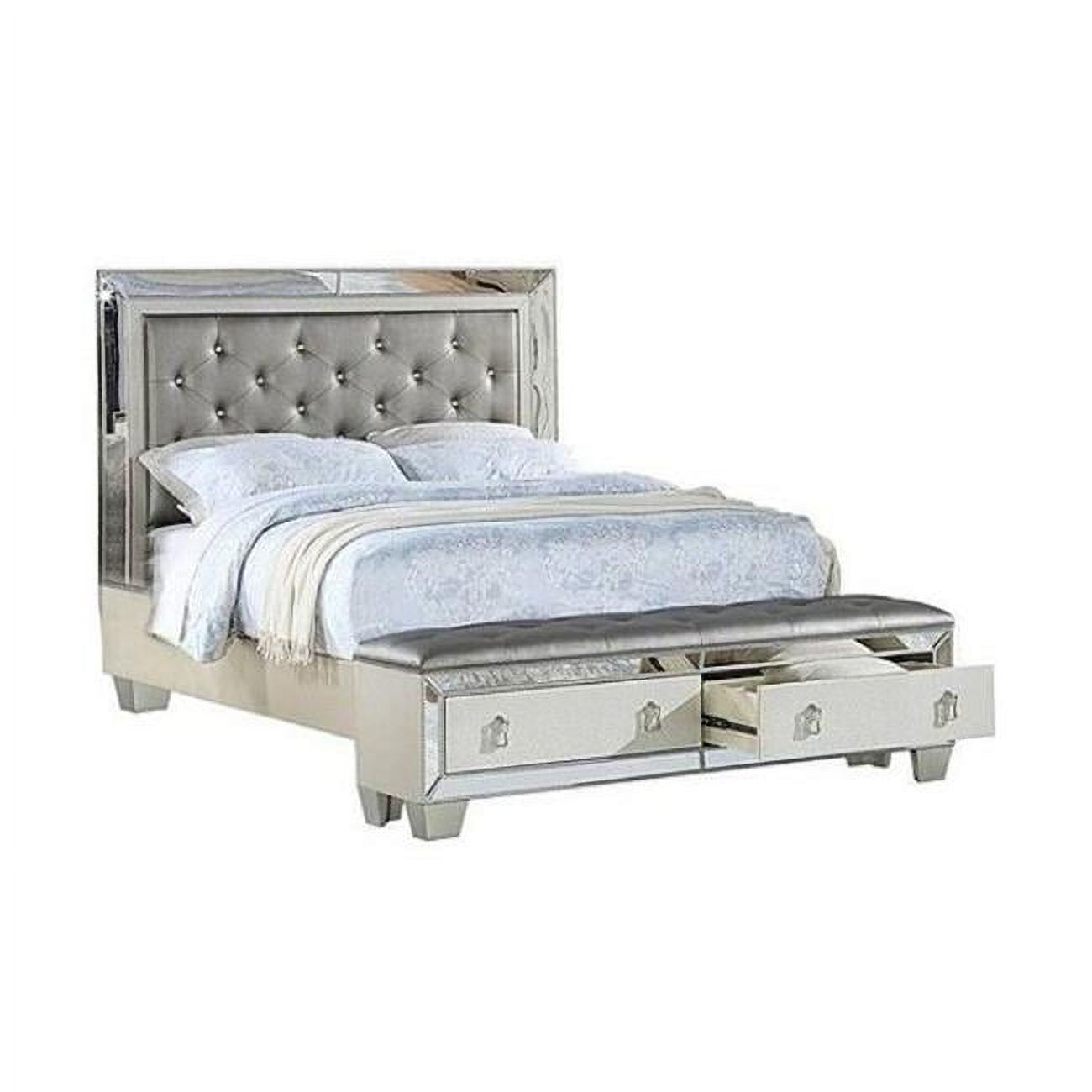 Reva Bed with Storage Bench & Upholstered Faux Leather, Silver - California King Size