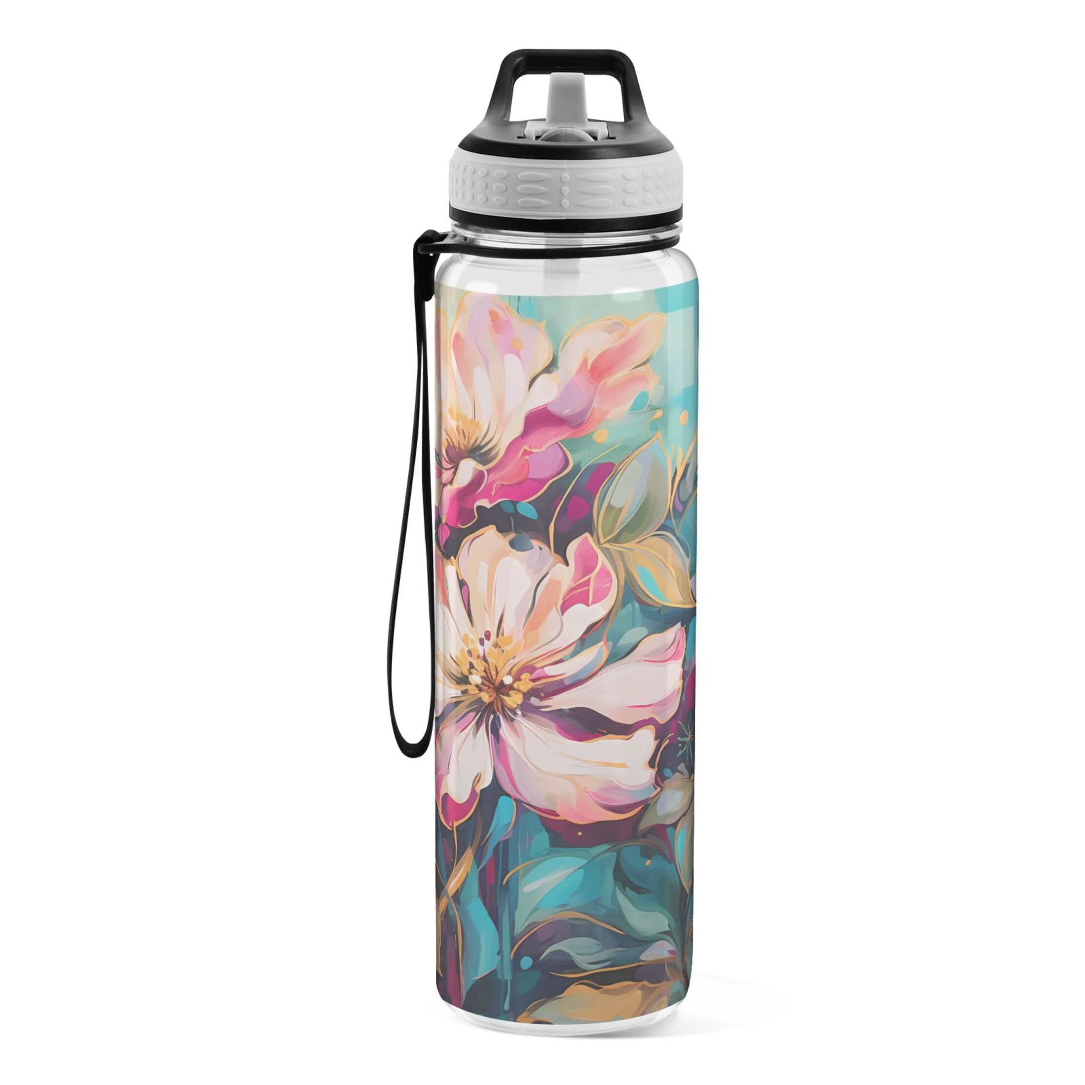 Pink Flowers in Blue 32oz Water Bottles with Straw Tritan Leakproof Sports Bottle BPA Free Clear for Fitness Gym Swimming Cycling