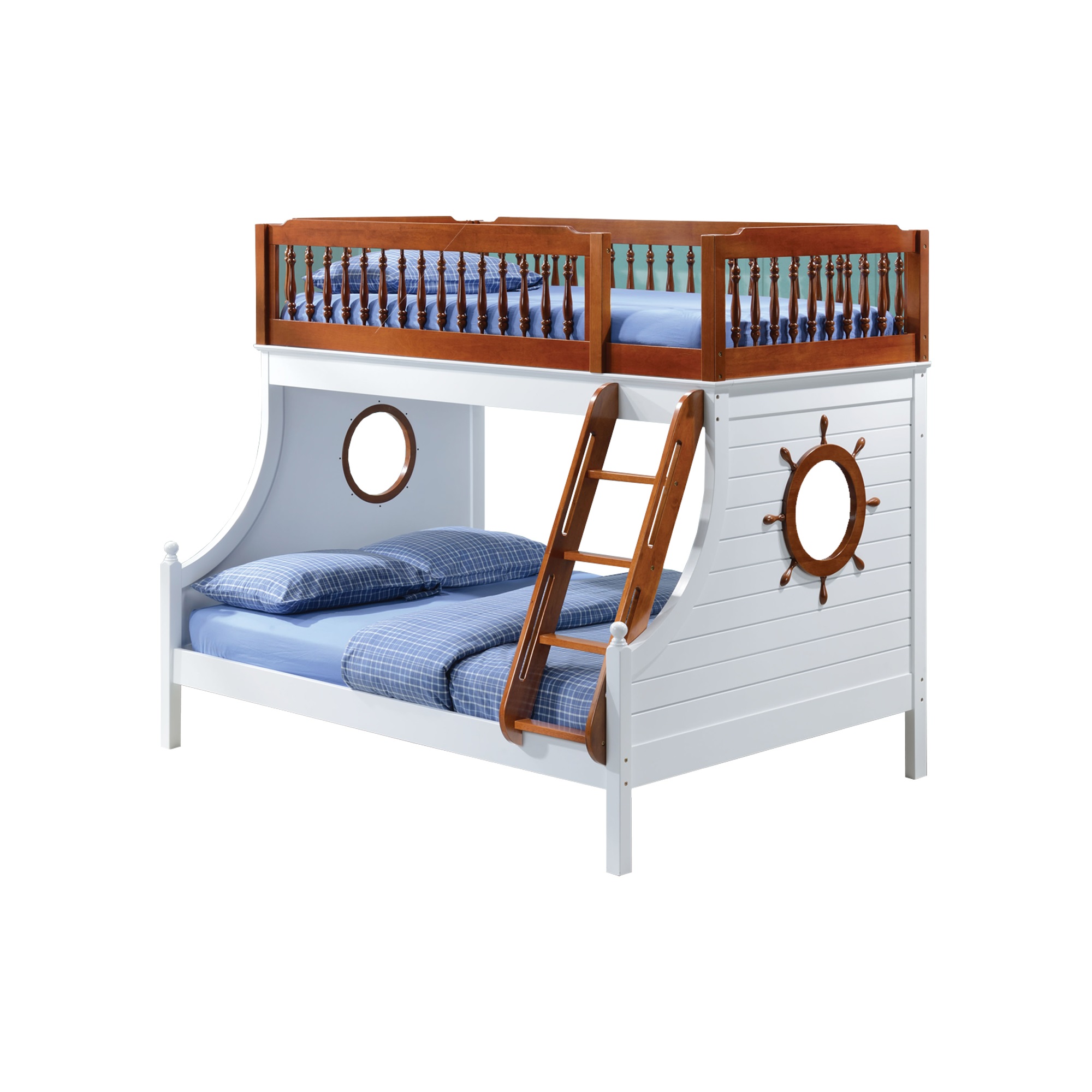 Nautical Wooden Twin/Full Bunk Bed, Oak Brown & White