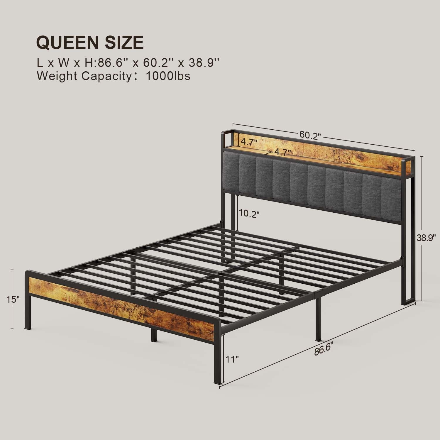 Gizoon Full/ Queen/ King Metal Platform Bed Frames with Upholstered Headboard Dark Grey - Queen