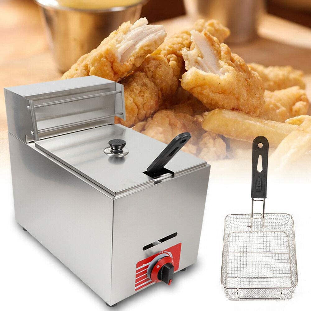 ANQIDI 10L Commercial Gas Fryer Desktop Stainless Steel Fryer with Deep Basket + Lid