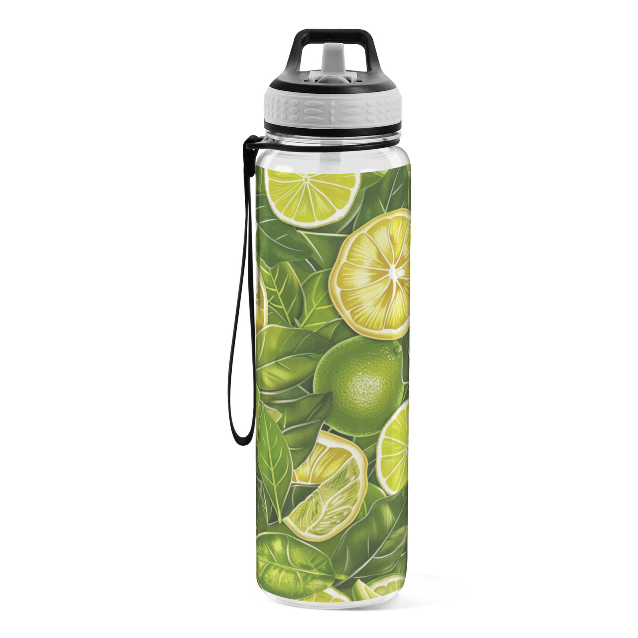 Green Lemon with Leaves 32oz Sports Water Bottles Leakproof Tritan Bottle with Straw BPA Free Clear Bottle for Fitness Gym Outdoor Cycling