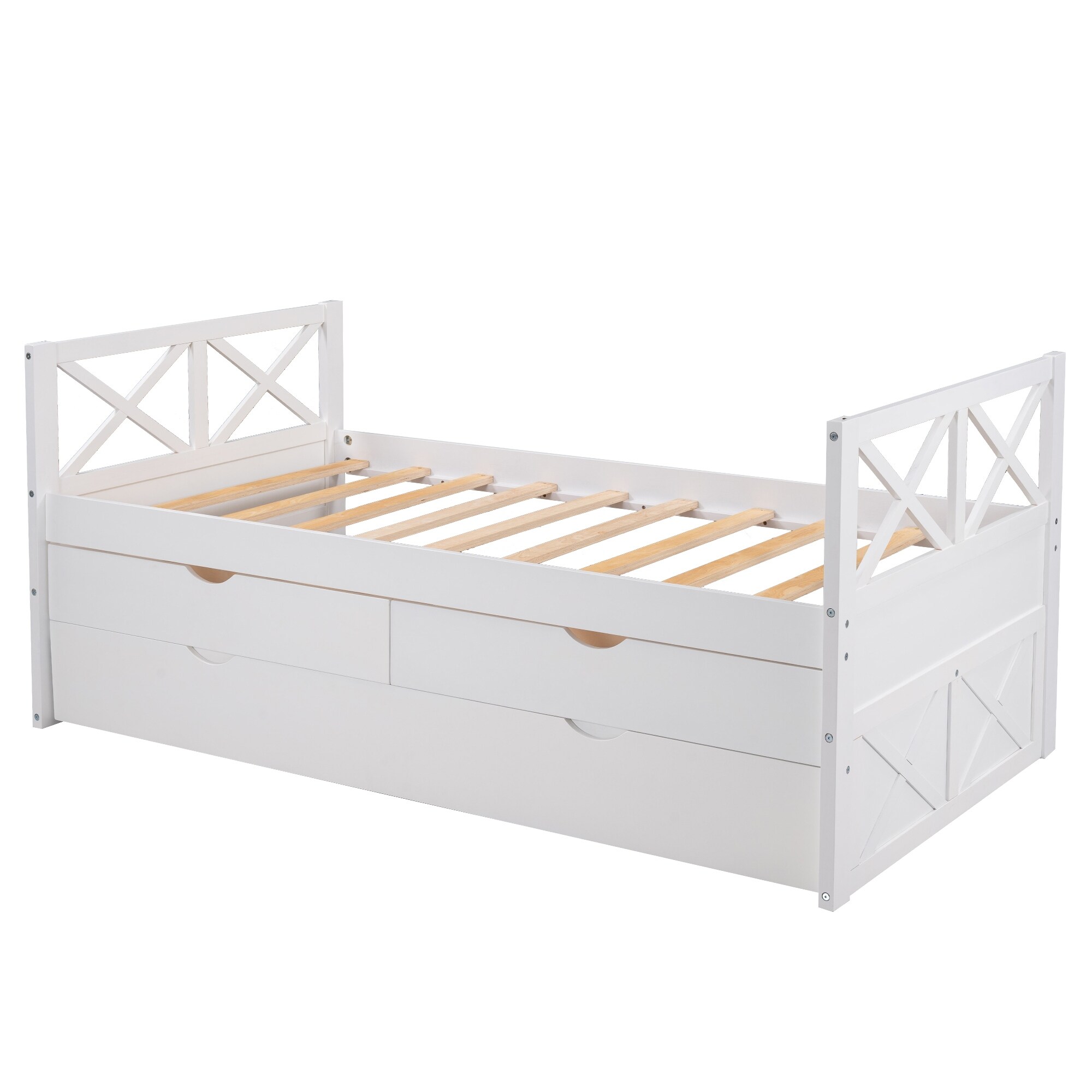 White Rustic Style Multi-Functional Solid Pine Wood Daybed with Two Large Drawers and Extra Trundle, Assembly Required