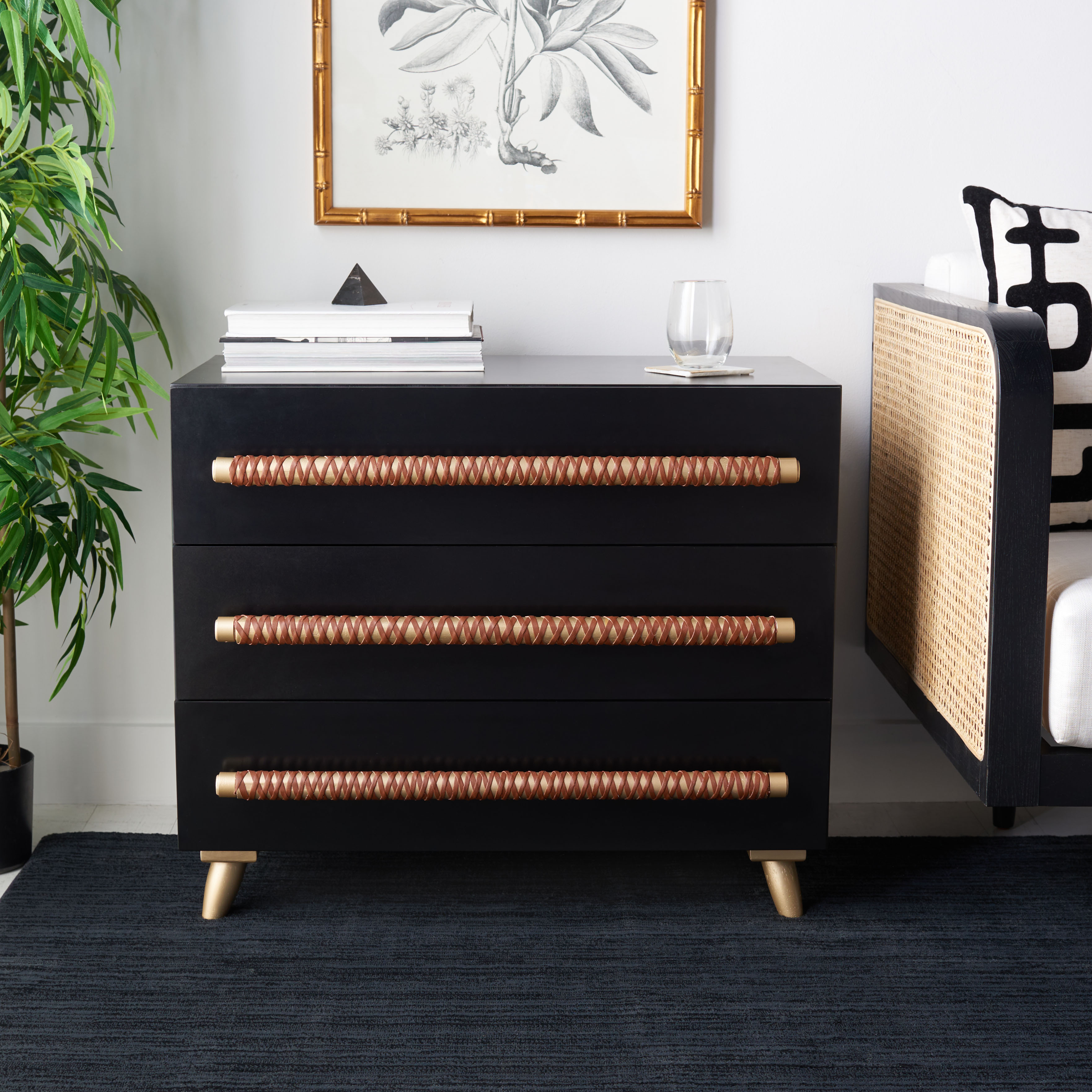 SAFAVIEH Raquel 3 Drawer Chest, Black/Gold/Brown Faux Leather (31.5 in. W x 18 in. D x 26.5 in. H)