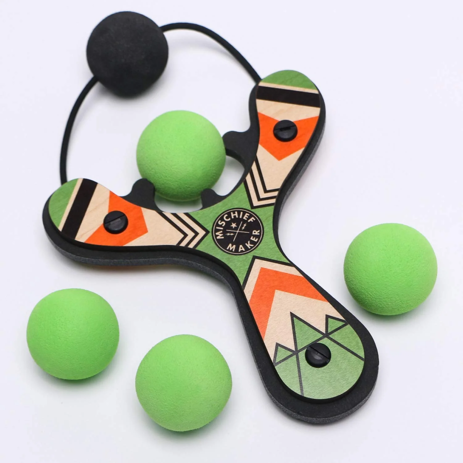 Mighty Fun! Mischief Maker Wooden Toy Slingshot Real Wood and Soft Foam Balls (Green Classic)