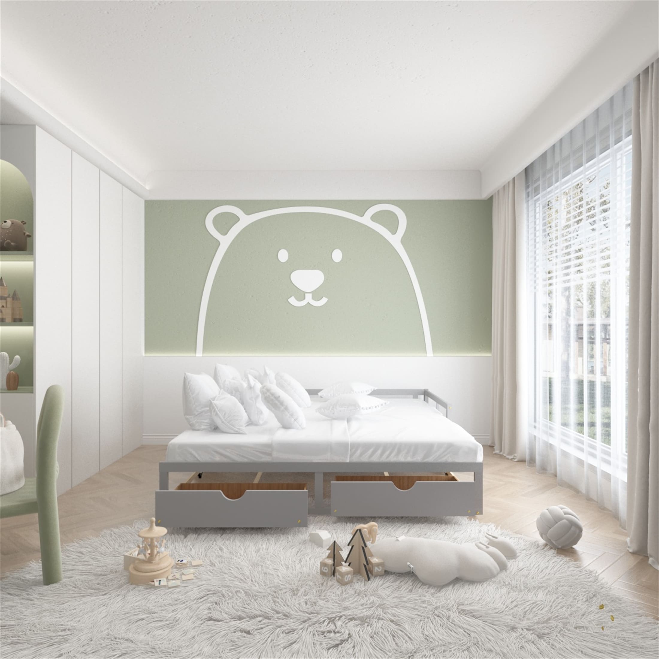 YJTONWIN Wooden Extendable Daybed with Trundle Bed and Two Storage Drawers Grey