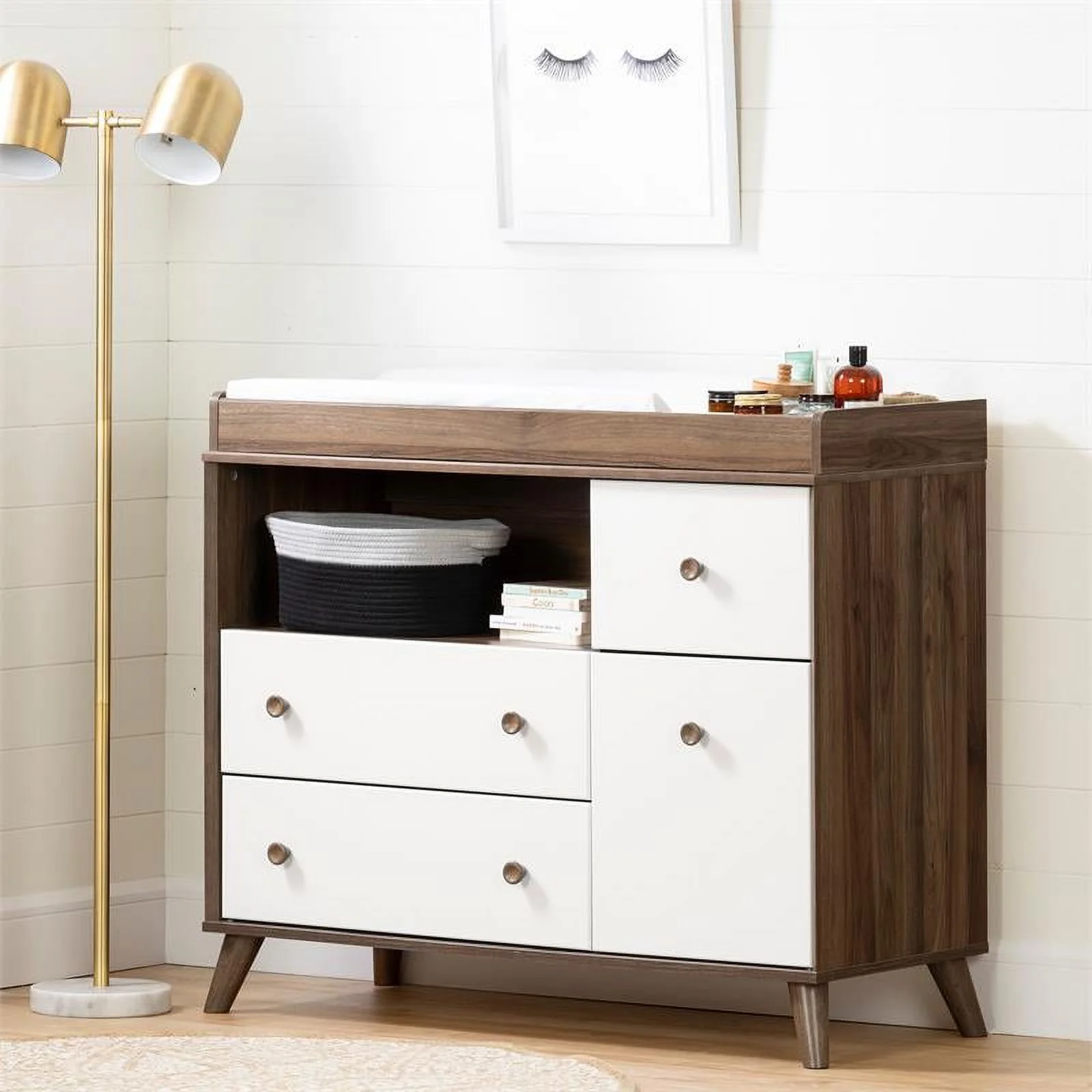 Rosebery Kids Contemporary Changing Table with Drawers in Natural Walnut/White