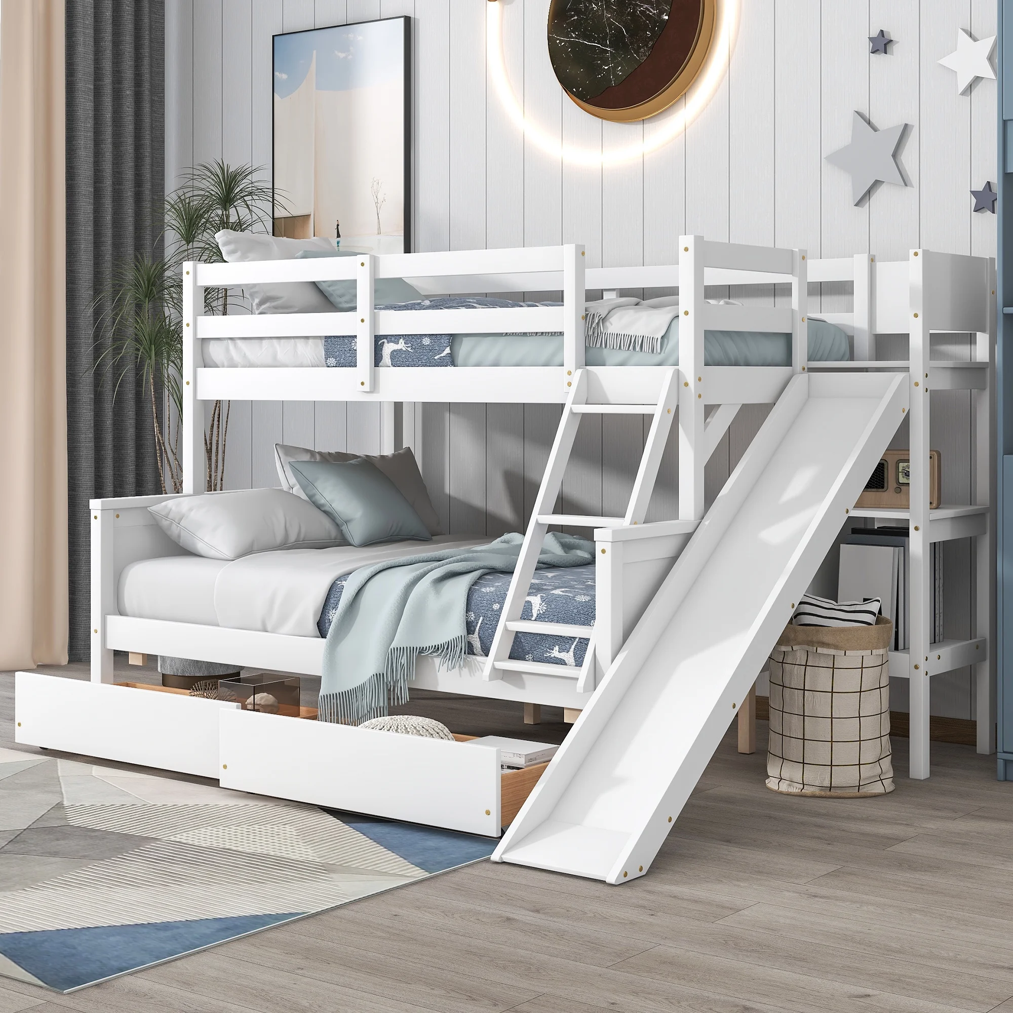 Double detachable bed ,Twin over Full Bunk Bed with 2 Drawers,Slide,Shelves White