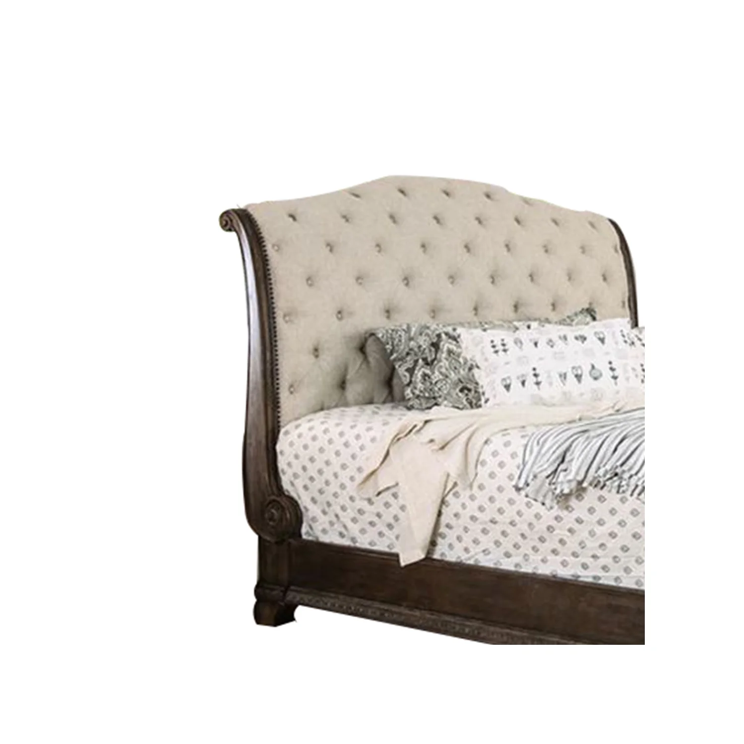 Queen Size Bed with Fabric Upholstery, Beige and Brown
