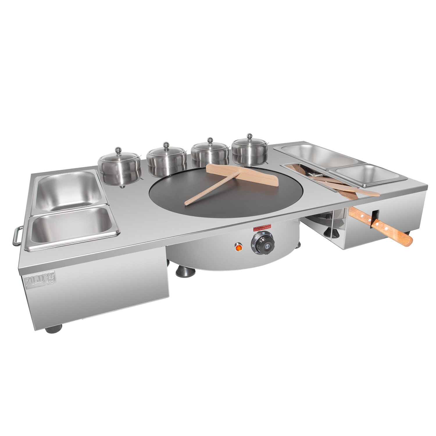 ALDKitchen Crepe Maker with Service Station | Nonstick Plate | 8 Pots and Tools Included