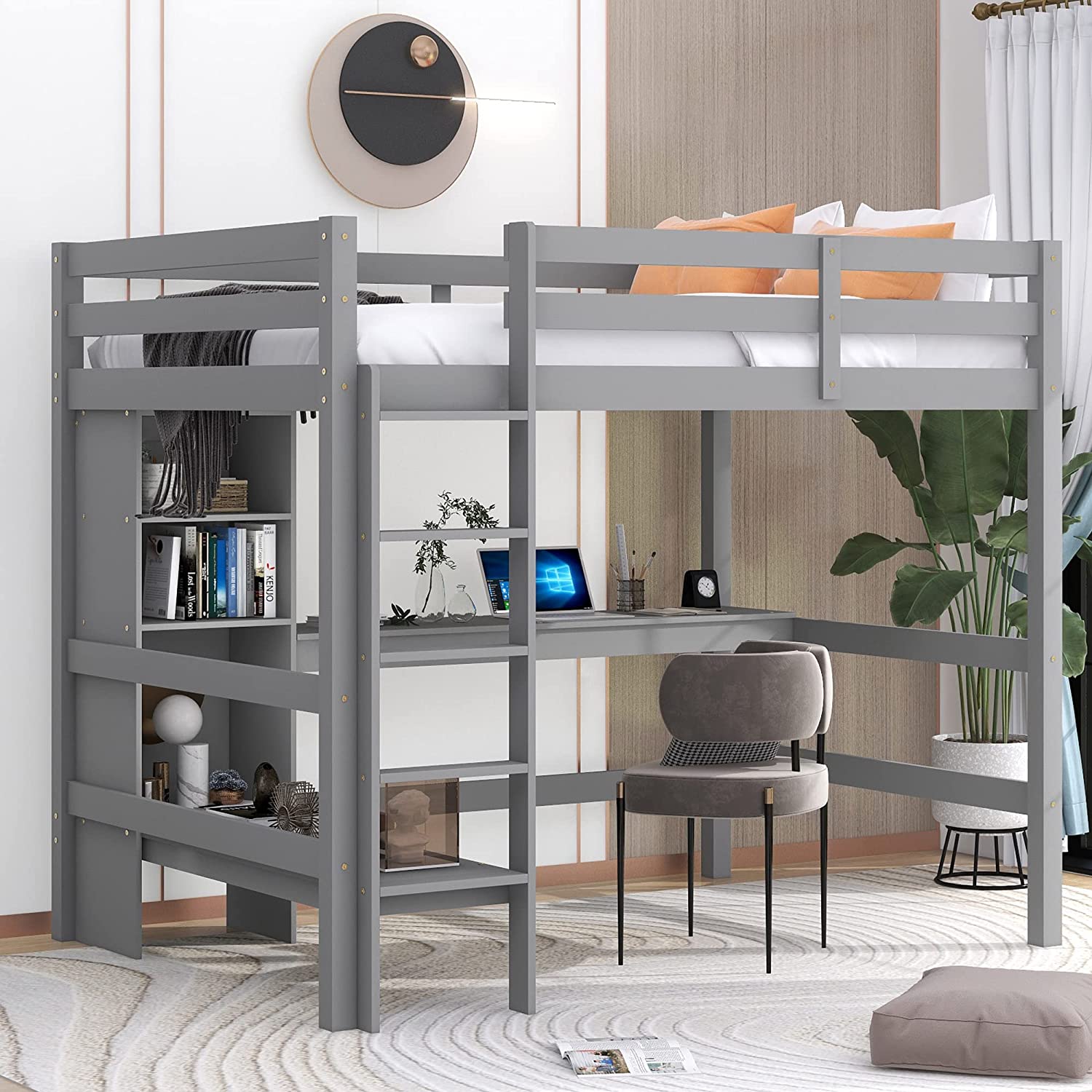 Full Size Loft Bed With Desk, Wooden High Loft Bed Frame With Inclined Ladder And Safety Guard Rails For Kids, Teens, Adults (Grey)