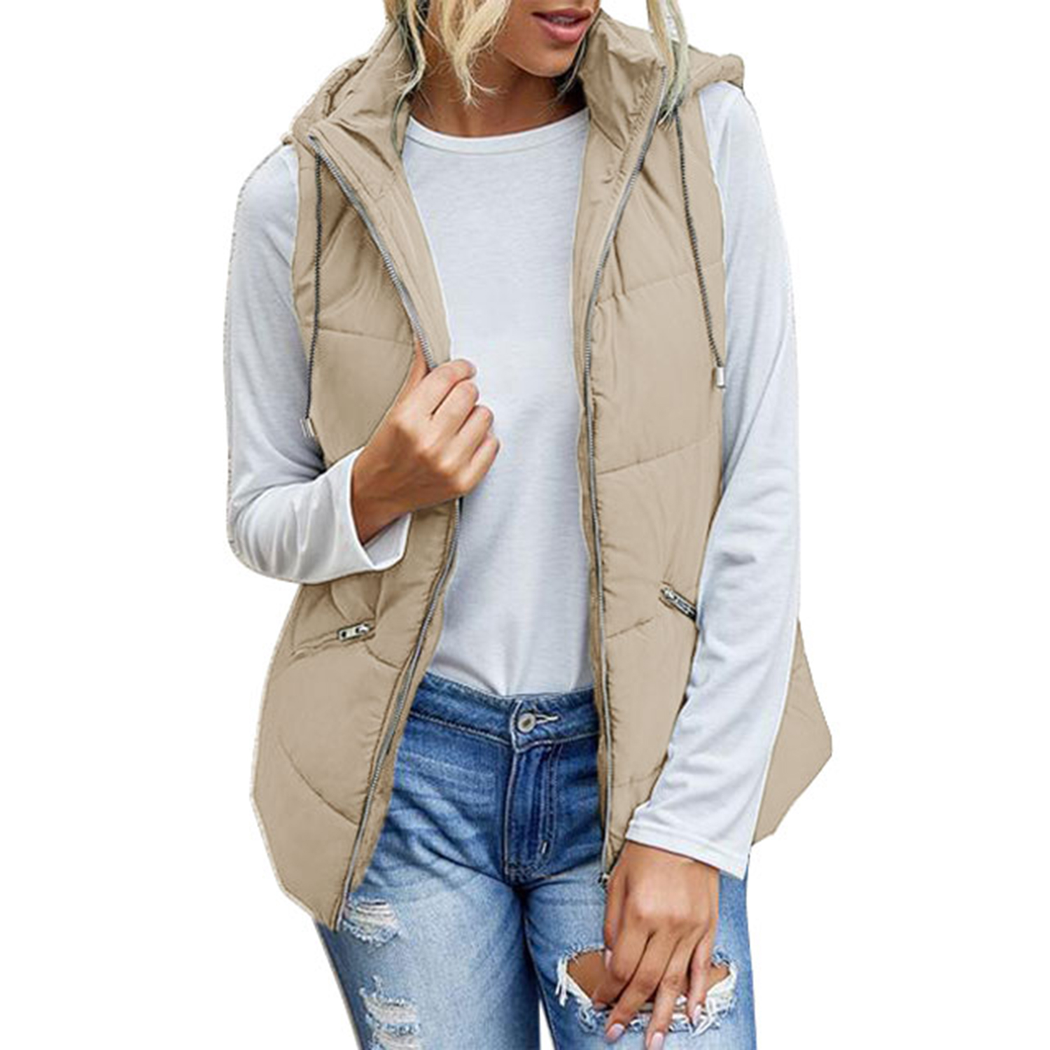 Mafulus Women's Lightweight Hooded Outwear Vest Stand Collar Zip Padded Sleeveless Coat With Pockets