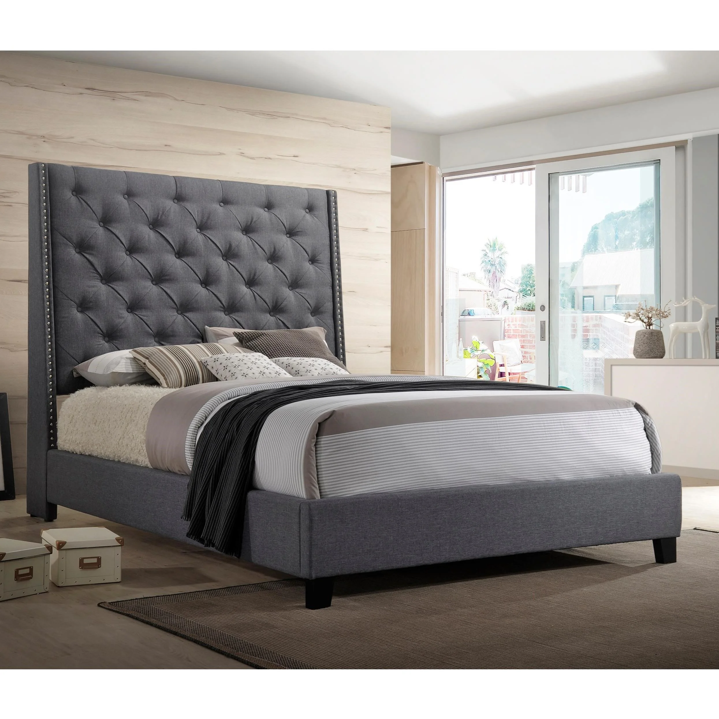 1Pc Grey Color Elegant Contemporary Upholstered Queen Bed Button Tufted Headboard Demi-Wings Bedroom Furniture