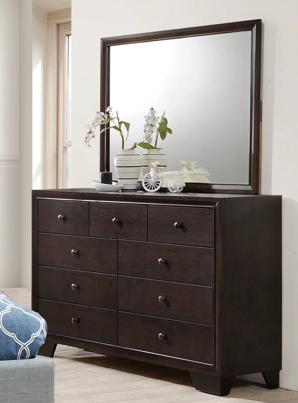 Bedroom Furniture Tufted HB Queen size bed white Dresser Mirror Nightstand 4pc Set Grey Polyfiber fabric