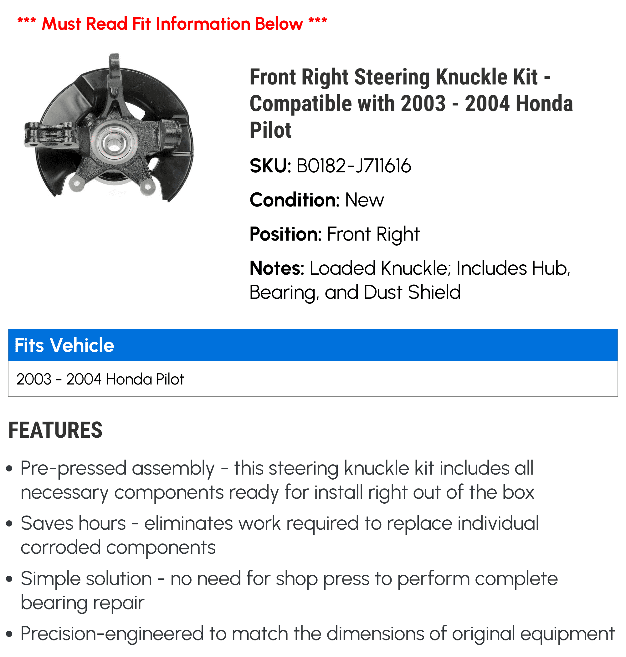 Front Right Steering Knuckle Kit - Compatible with 2003 - 2004 Honda Pilot