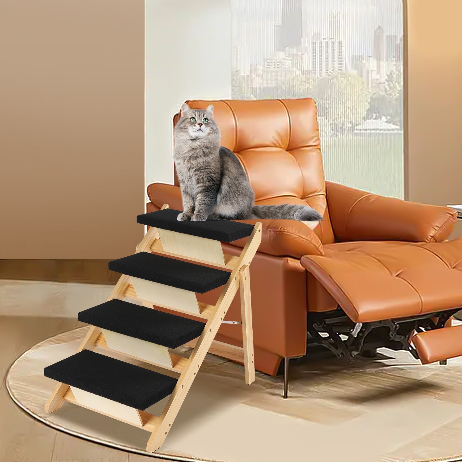 Oukaning Pet Stairs 2-in-1 Dog Ramp Cat Dog Stairs Foldable Pine Wood Natural + Black