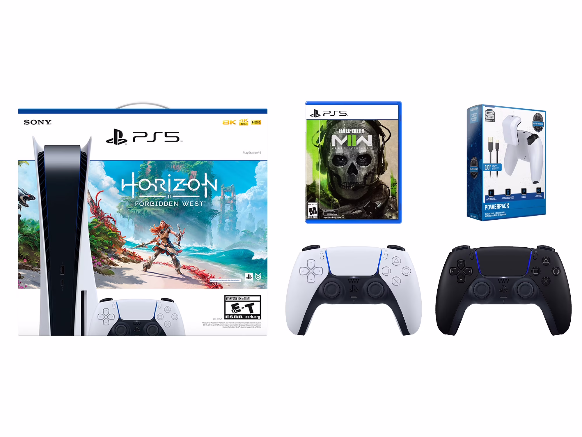 Sony Playstation 5 Disc Horizon Forbidden West Bundle with Extra Midnight Black Controller, Call of Duty: Modern Warfare II and Surge Play and Charge Kit