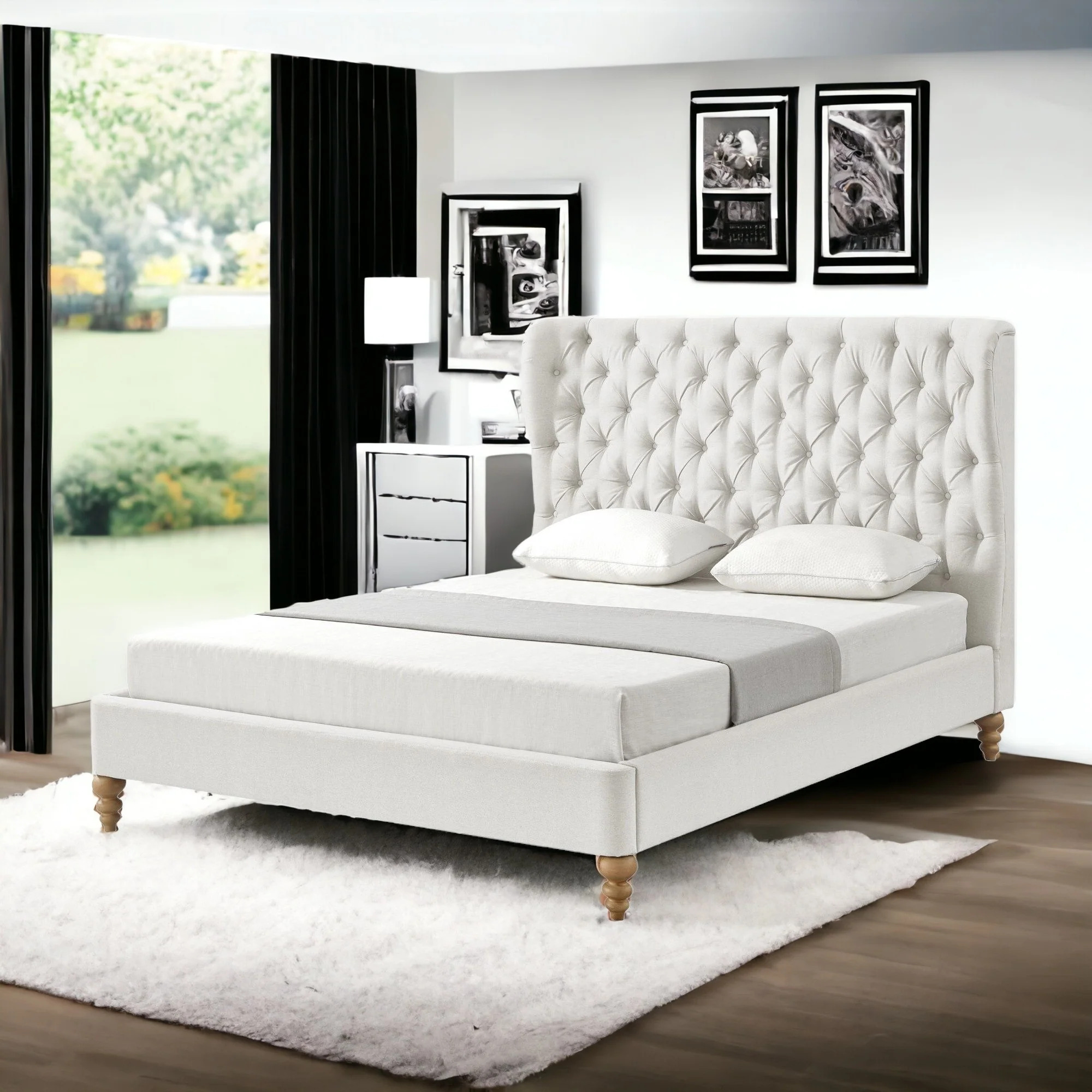 Cream Solid Wood Twin Tufted Upholstered Linen Bed