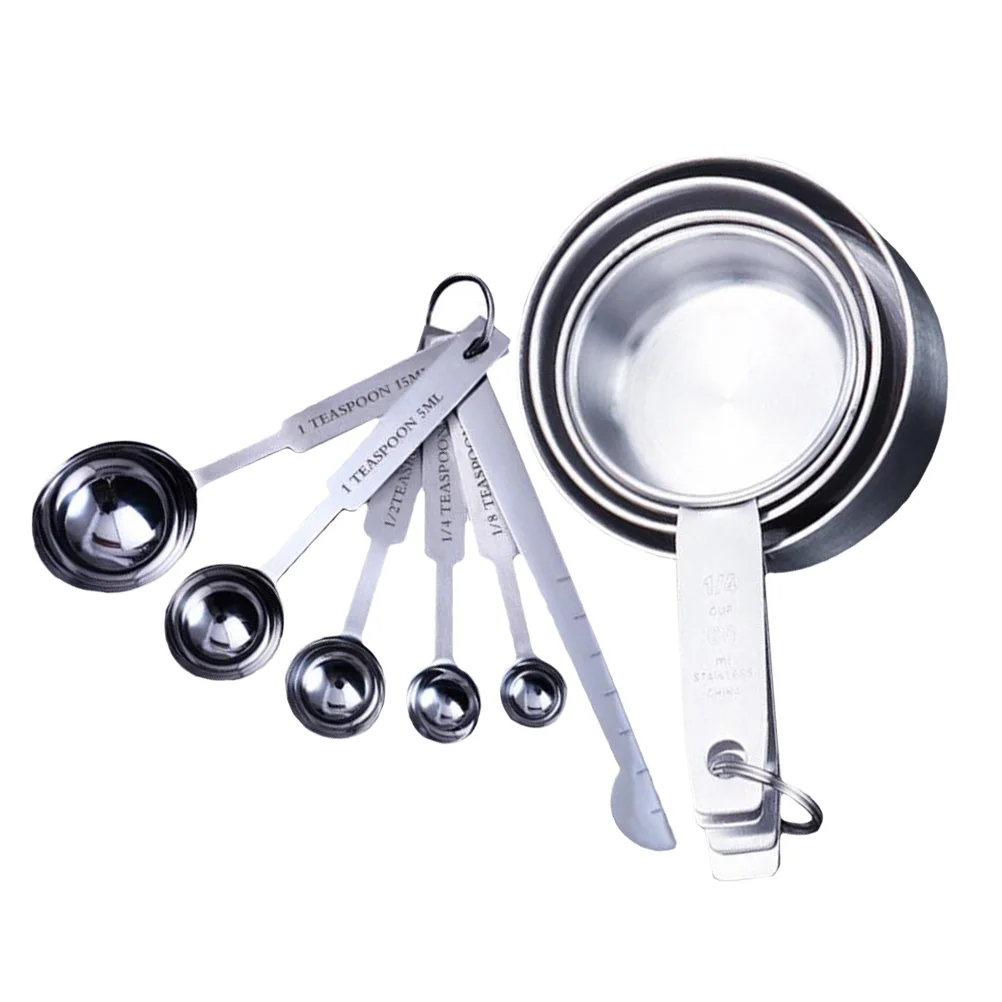 2 Set Stainless Steel Measuring Cups and Measuring Spoon Cooking Measure Spoon Cup Seasoning Spoons Coffee Tea Kitchen Accessory Silver (6pcs/set Measuring Spoons and 4pcs/set Measuring Cup)