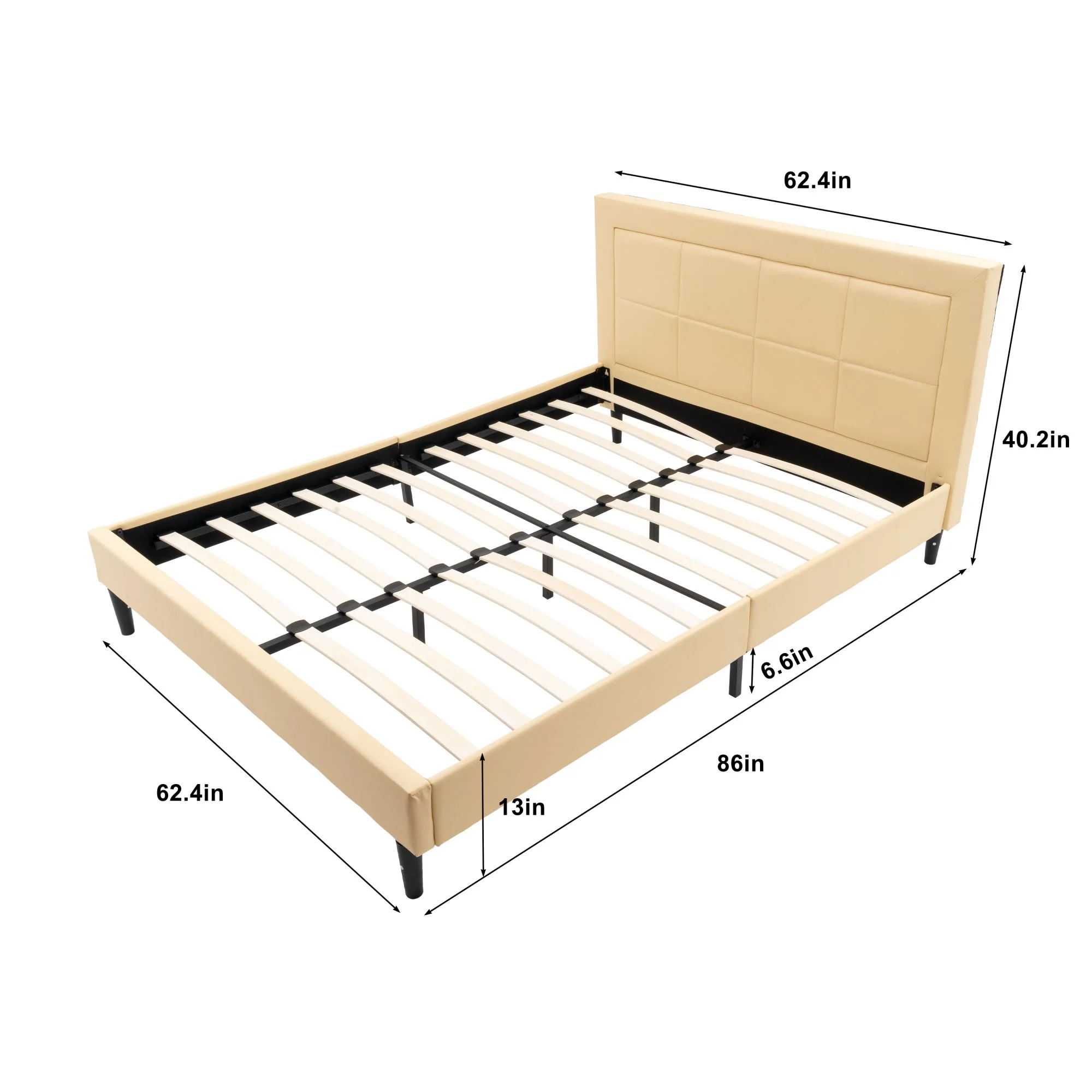 Luxury Queen Size Wood Slat Bed Frame 800 lbs Capacity with PU Leather Headboard Beige