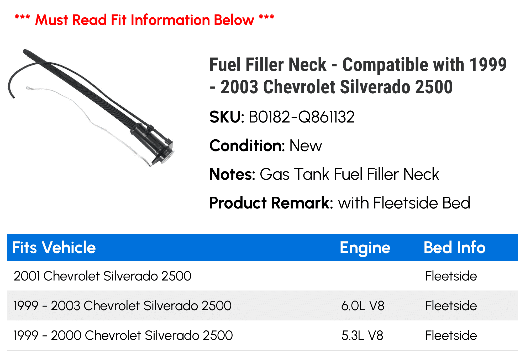 Fuel Filler Neck - Compatible with 1999 - 2003 Chevy Silverado 2500 2000 2001 2002