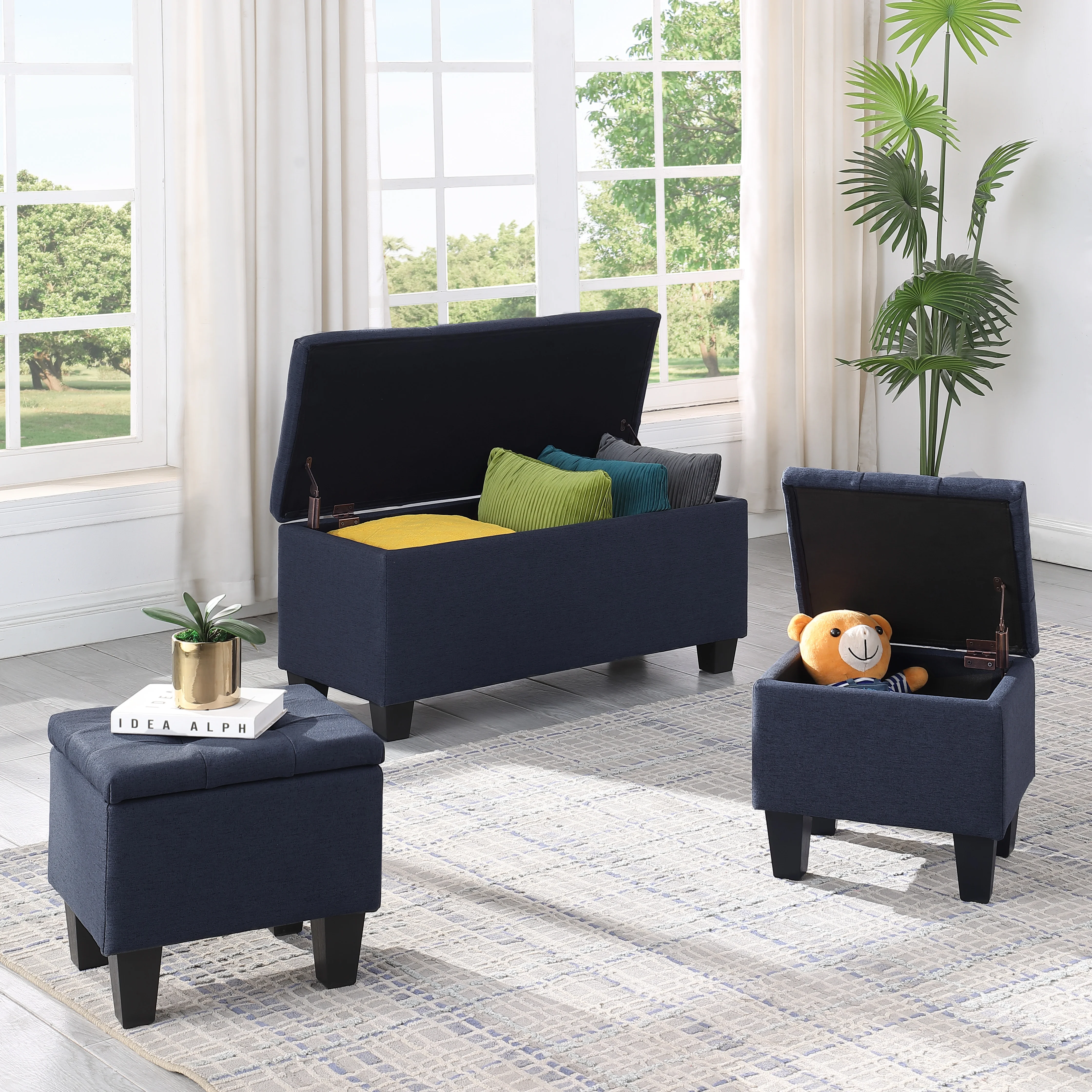 Holaki 3 in 1 Large Storage Ottoman Bench Set, Combination Tufted Ottoman Linen Bench for Living Room, Entryway, Hallway, Bedroom, Dark Blue