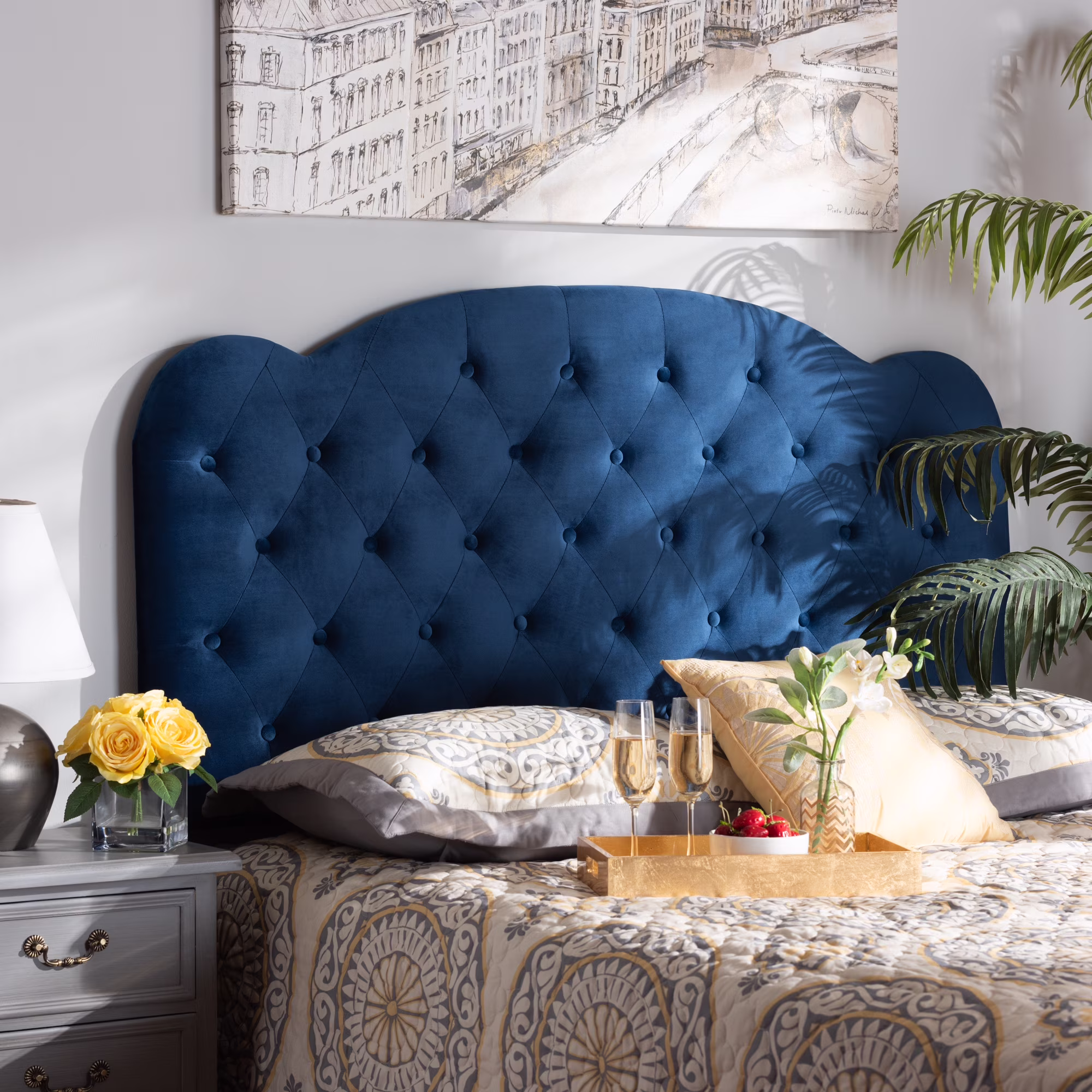 Baxton Studio Clovis Modern and Contemporary Navy Blue Velvet Fabric Upholstered Queen Size Headboard