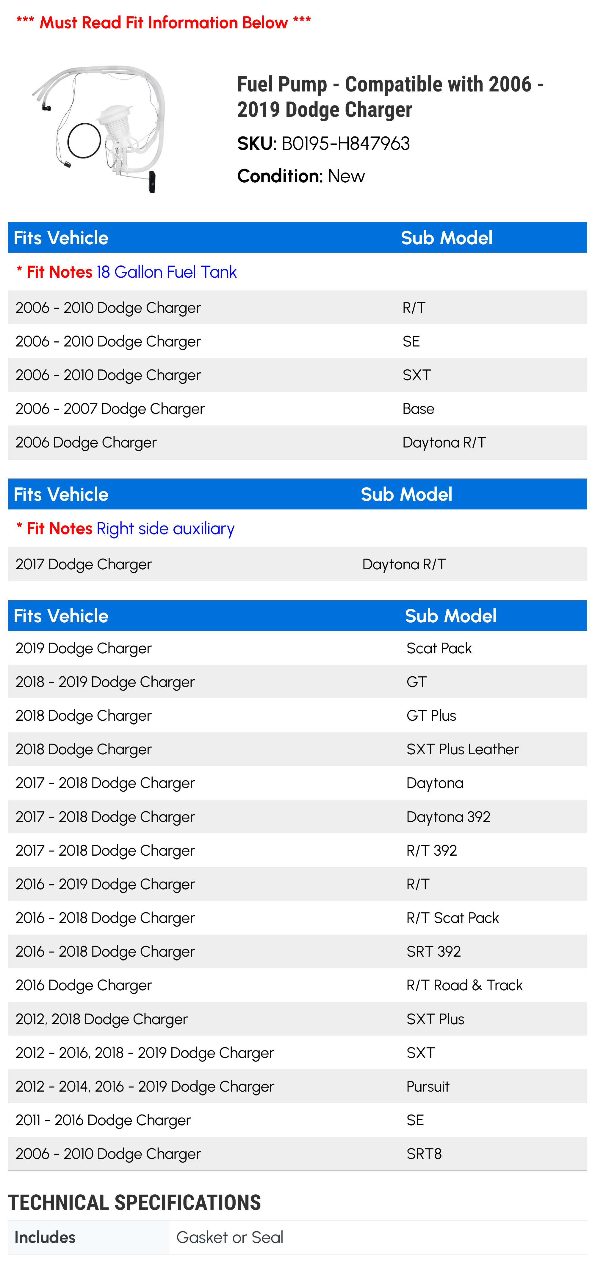 Fuel Pump - Compatible with 2006 - 2019 Dodge Charger 2007 2008 2009 2010 2011 2012 2013 2014 2015 2016 2017 2018