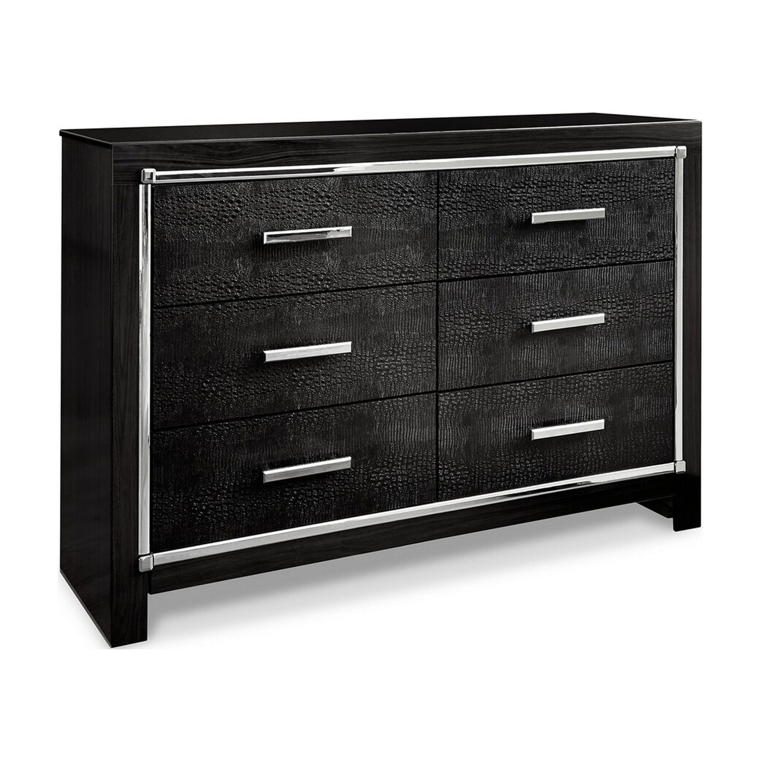 Benjara 61 Inch Modern Wide Dresser, 6 Drawers, Chrome Handles, Textured Black Wood