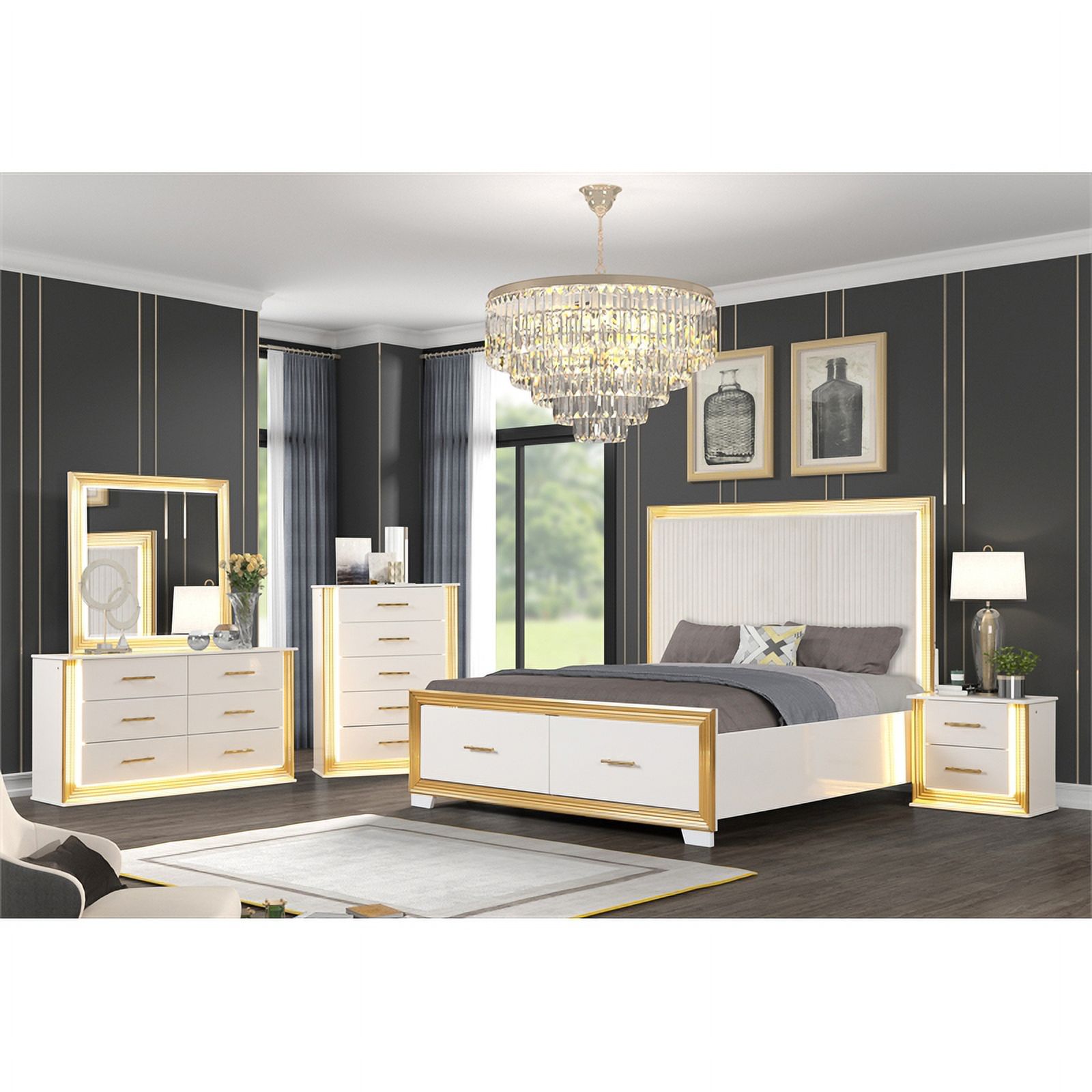 Pemberly Row Contemporary 4PC King Bedroom Set Made with Wood in Gold Finish