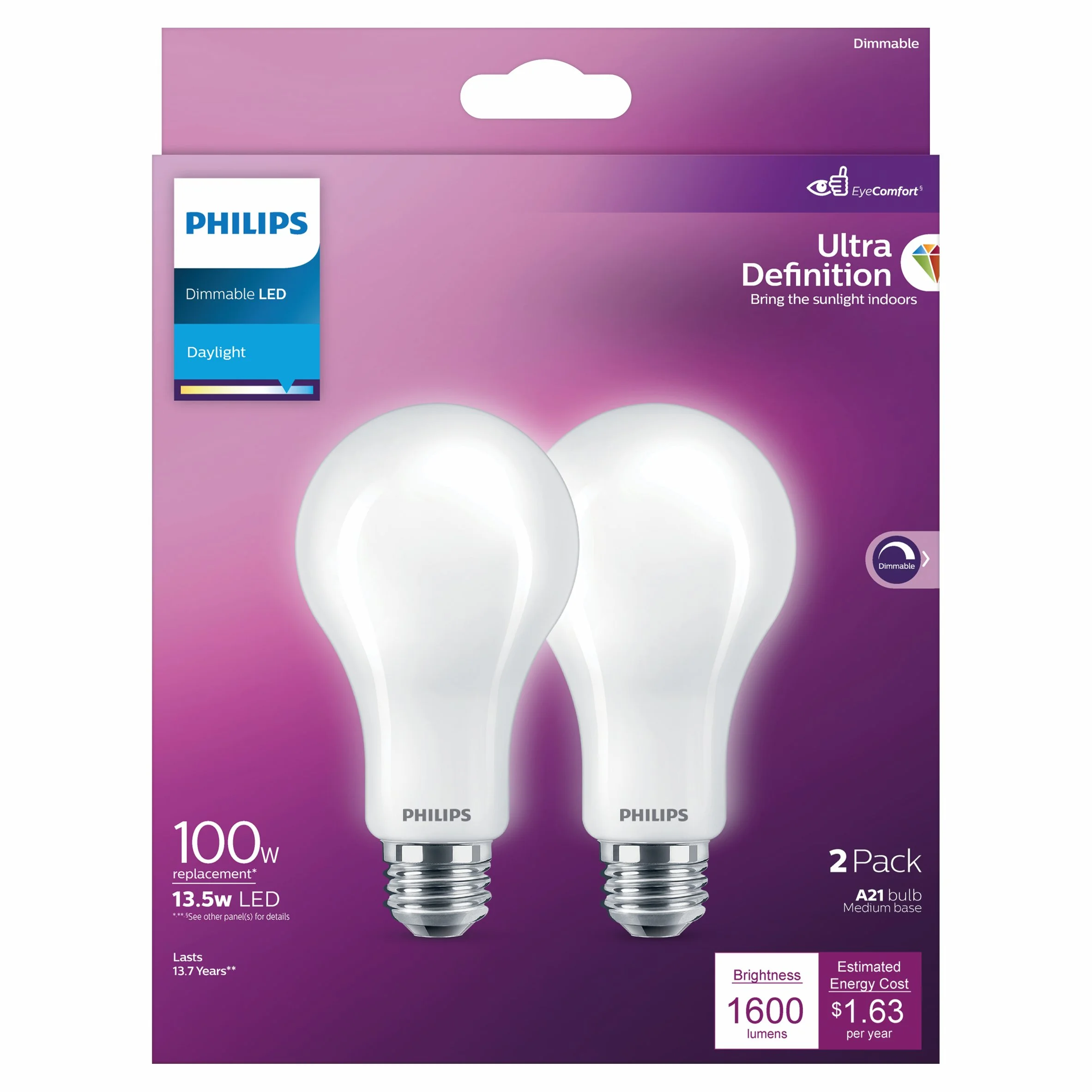 Philips Ultra Definition LED 100-Watt A21 Light Bulb, Frosted Daylight, Dimmable, E26 Medium Base (2-Pack)