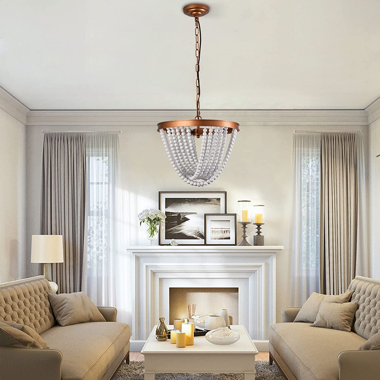 Oukaning 3-lights Boho Wood Bead Chandelier Adjustable Height Pendant Light Ceiling Lamp Bohemian-inspired 15.5