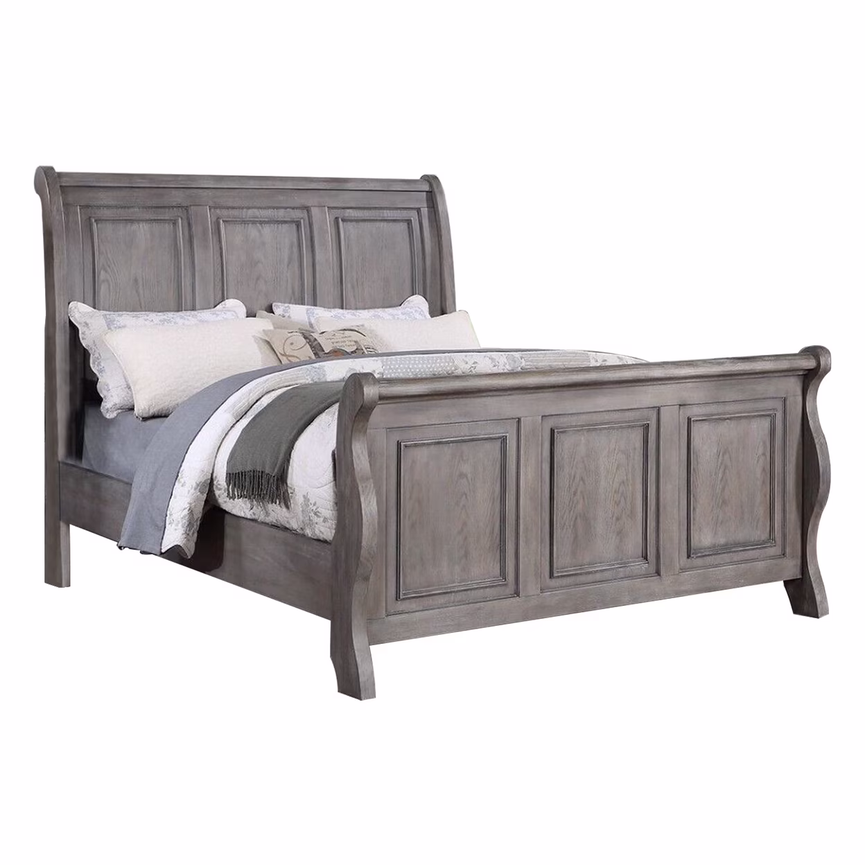 Demi Queen Size Bed Sleigh Headboard Tri Panel Molding Oak Gray Wood- Saltoro Sherpi