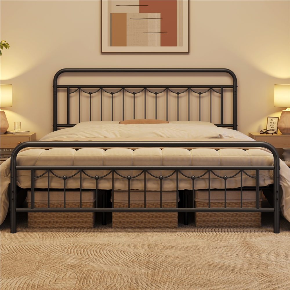 Smile Mart Metal Platform Bed with Vintage Headboard and Footboard, California King Size, Black