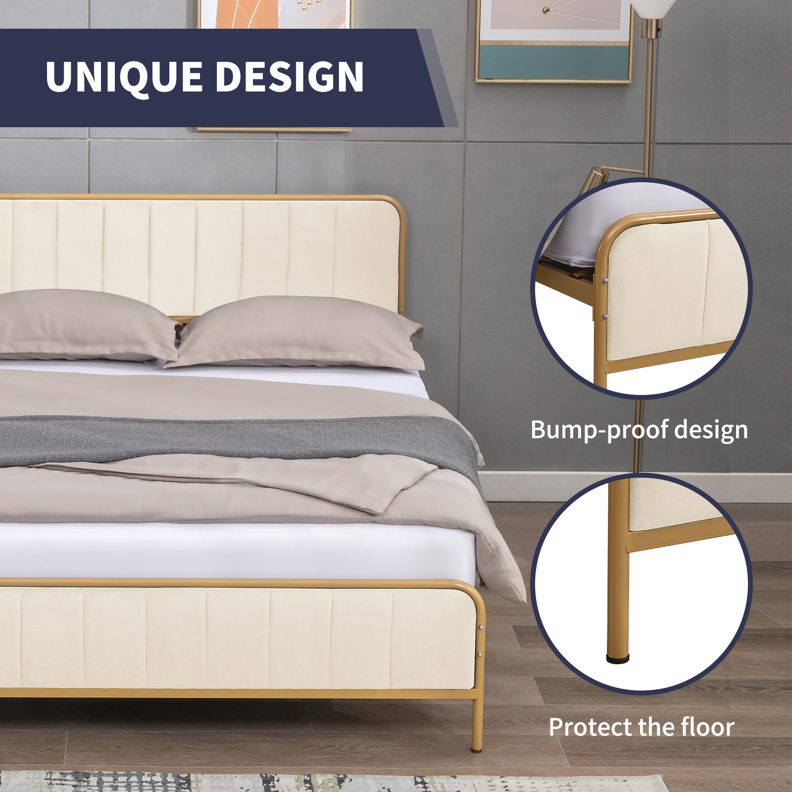 ijuicy King Size Metal Platform Bed Frame with Dutch Velvet Headboard, Clearance Bed Frame Upholstered Headboard, Metal Strip Support, Beige