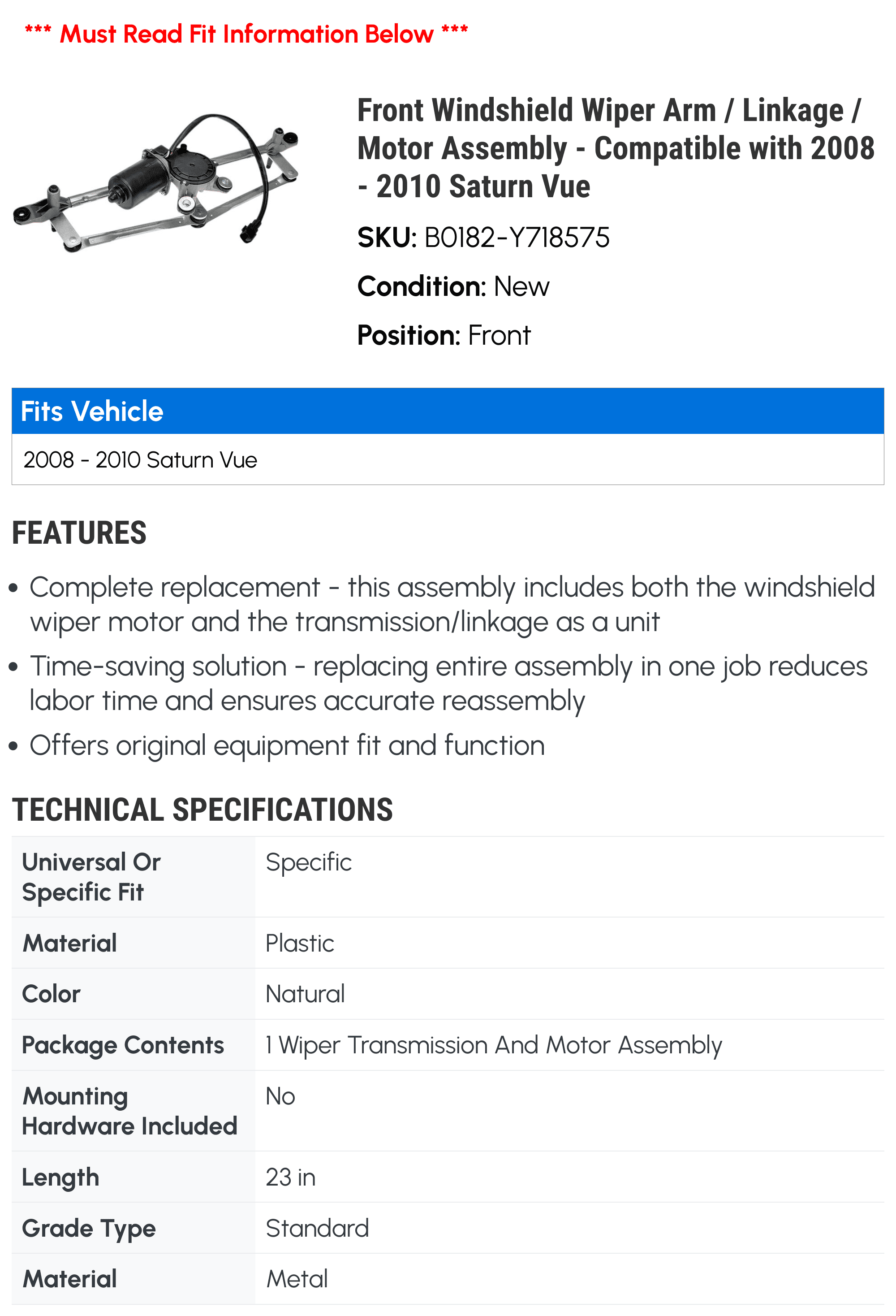 Front Windshield Wiper Arm / Linkage / Motor Assembly - Compatible with 2008 - 2010 Saturn Vue 2009