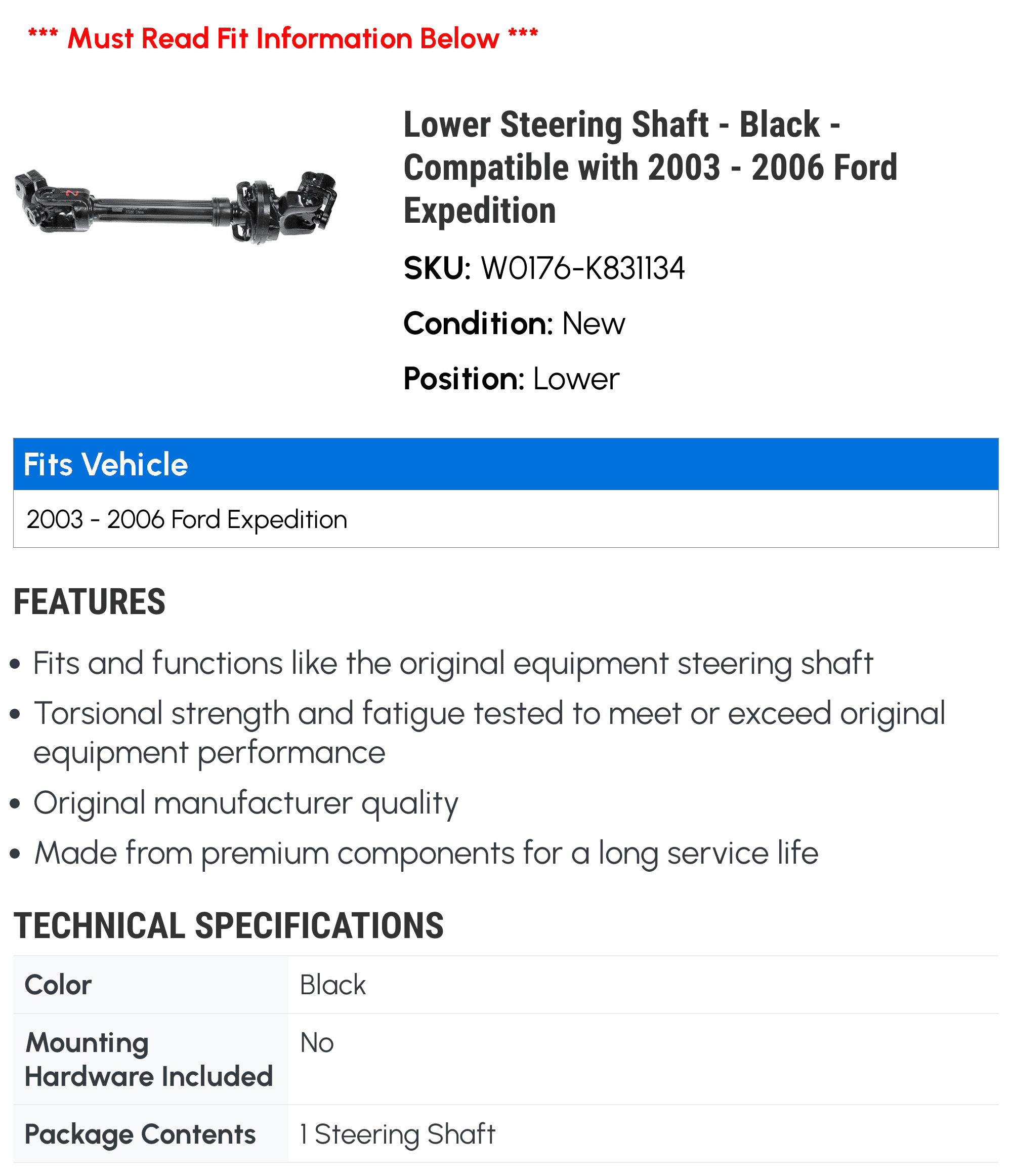 Lower Steering Shaft - Black - Compatible with 2003 - 2006 Ford Expedition 2004 2005