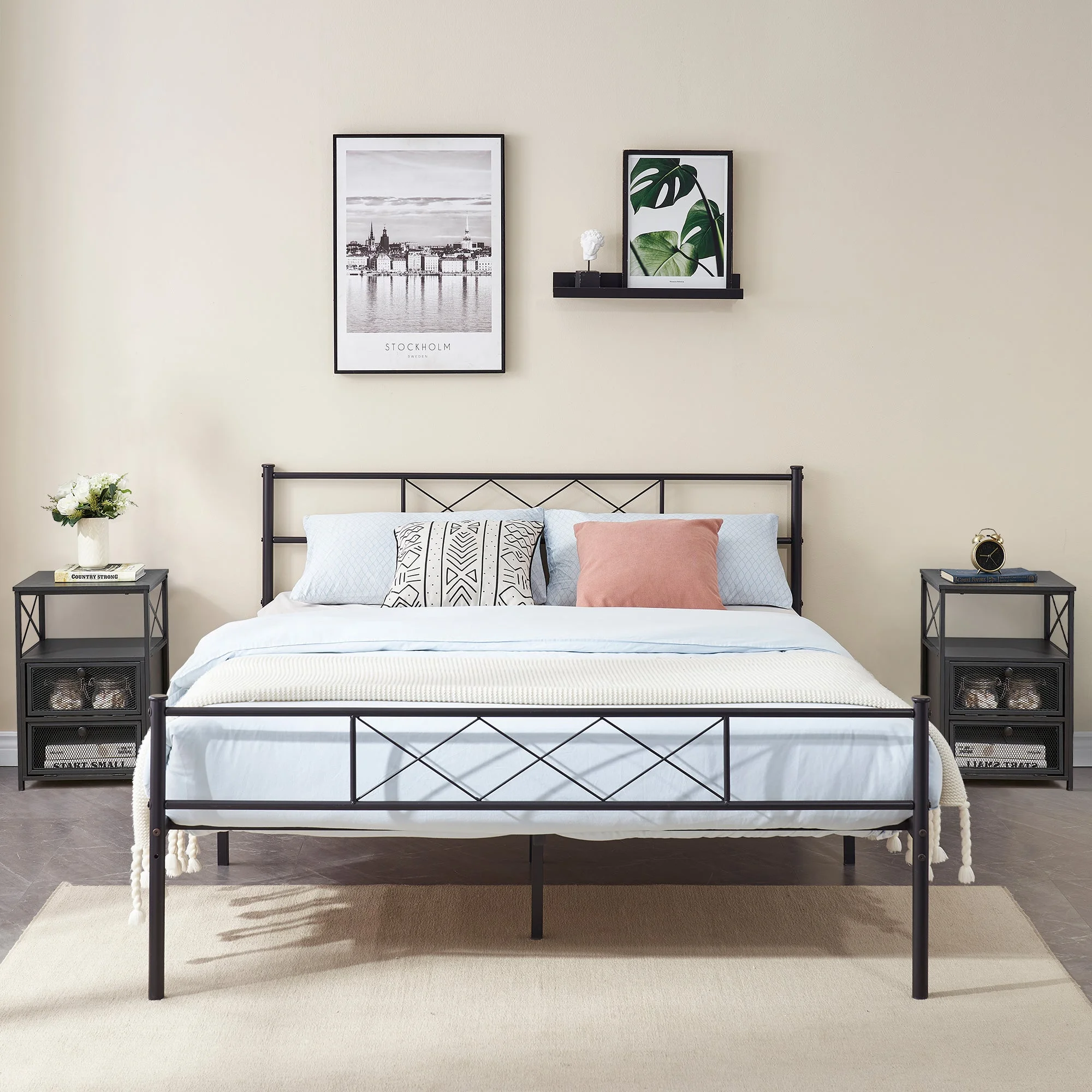 VECELO 3-Piece Bedroom Set, Full Size Metal Bed Frame and 2 Black Nightstand