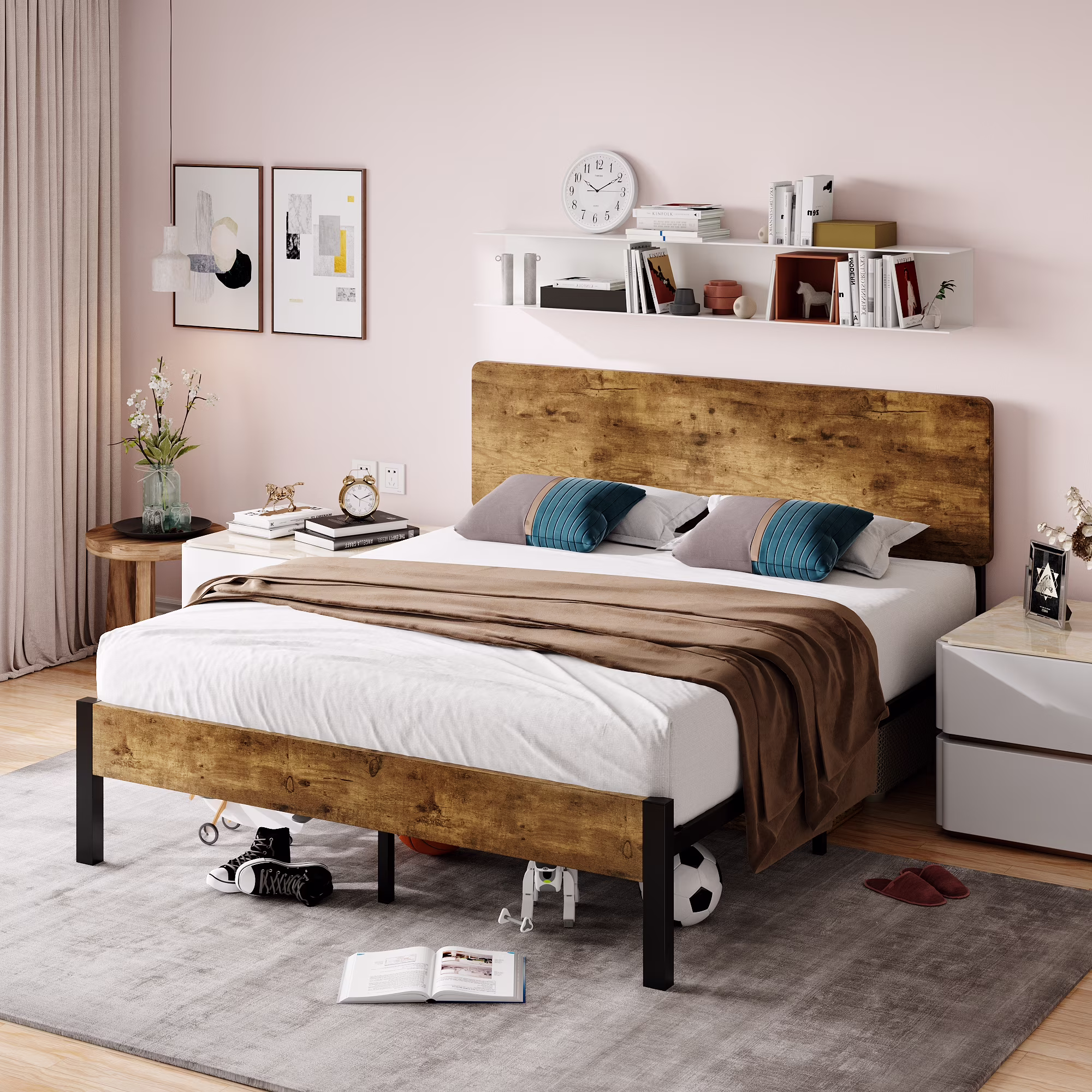 Sha Cerlin Full Size Metal Platform Bed Frame with Industrial Wooden Headboard & Underbed Storage, Mattress Foundation, Black&Brown, Adult